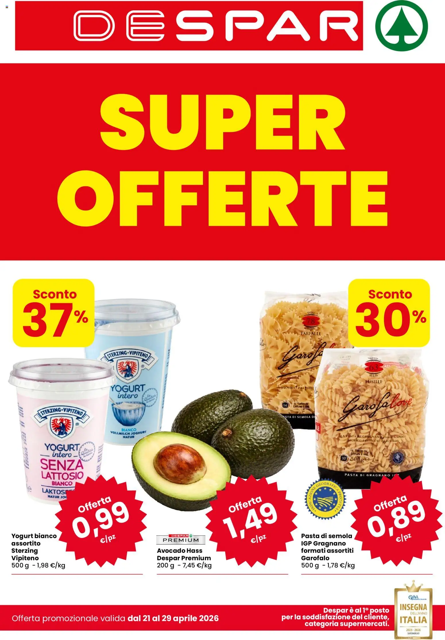 Volantino Despar del 21.04.2026 | Pagina: 1 | Prodotti: Yogurt, Avocado, Pasta, Fusilli