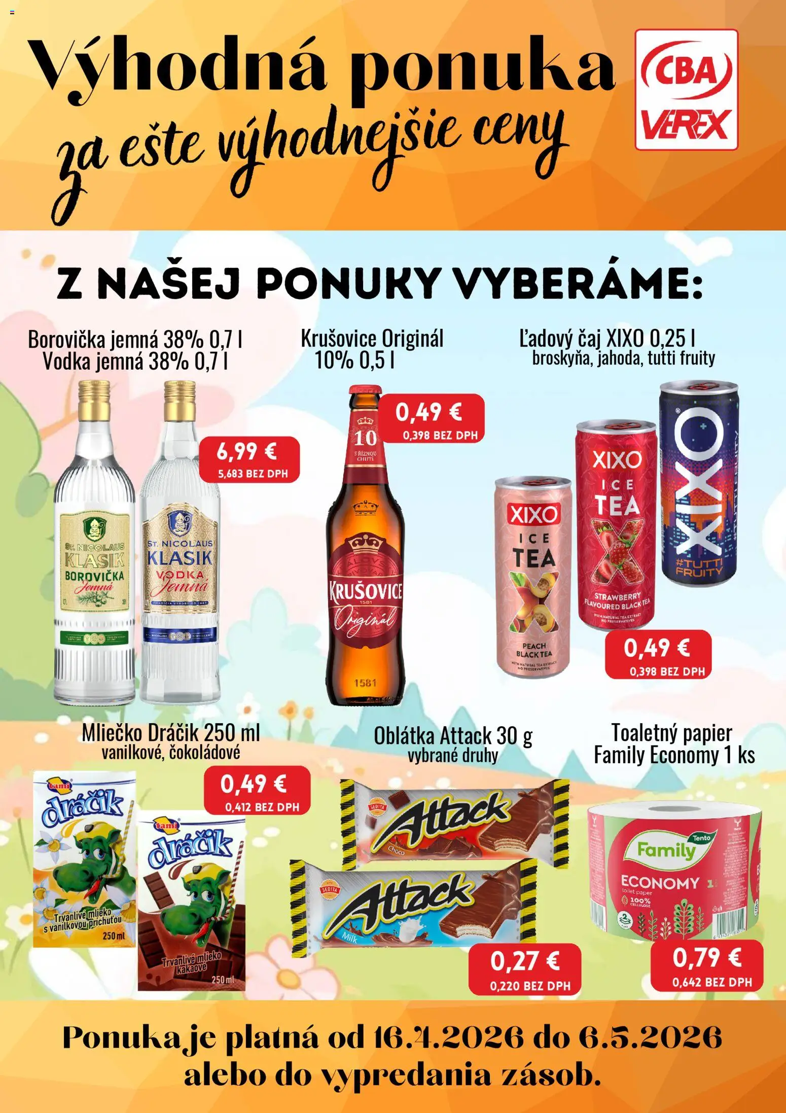 Nové CBA Verex akcie – leták je platný od 16.04.2026 | Strana: 1 | Produkty: Čaj, Borovička, Toaletný papier, Vodka