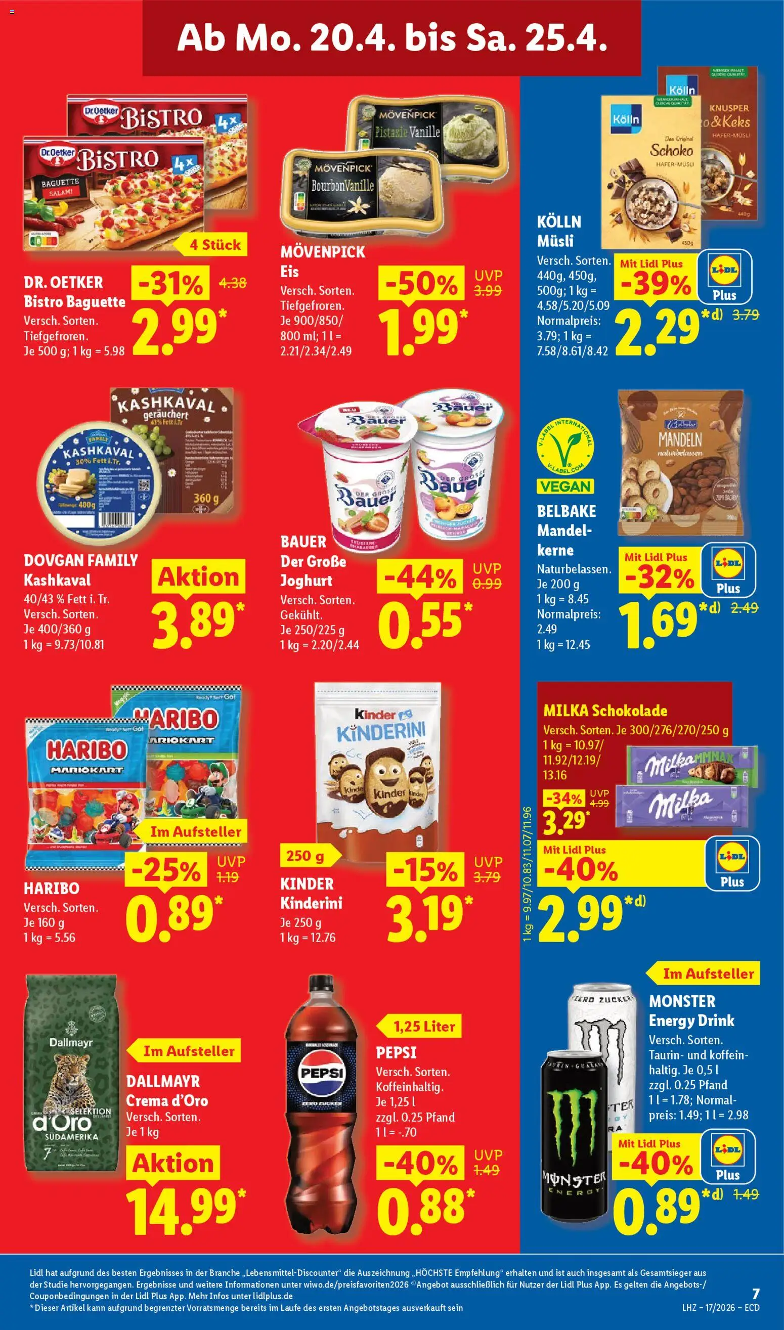 Lidl Prospekt – gültig ab 20.04.2026 | Seite: 15 | Produkte: Musli, Joghurt, Schokolade, Baguette