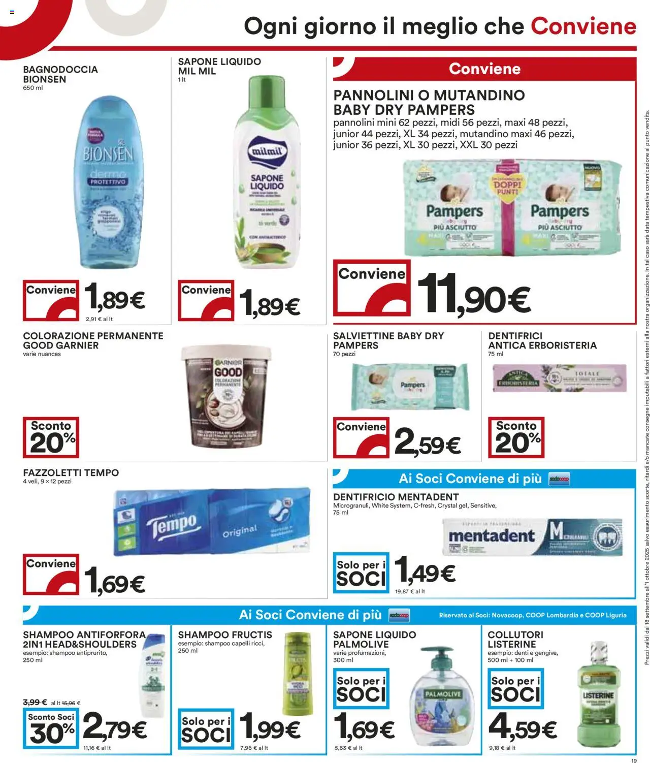 Volantino COOP del 18.09.2025 | Pagina: 19 | Prodotti: Shampoo, Pannolini, Dentifricio, Fazzoletti