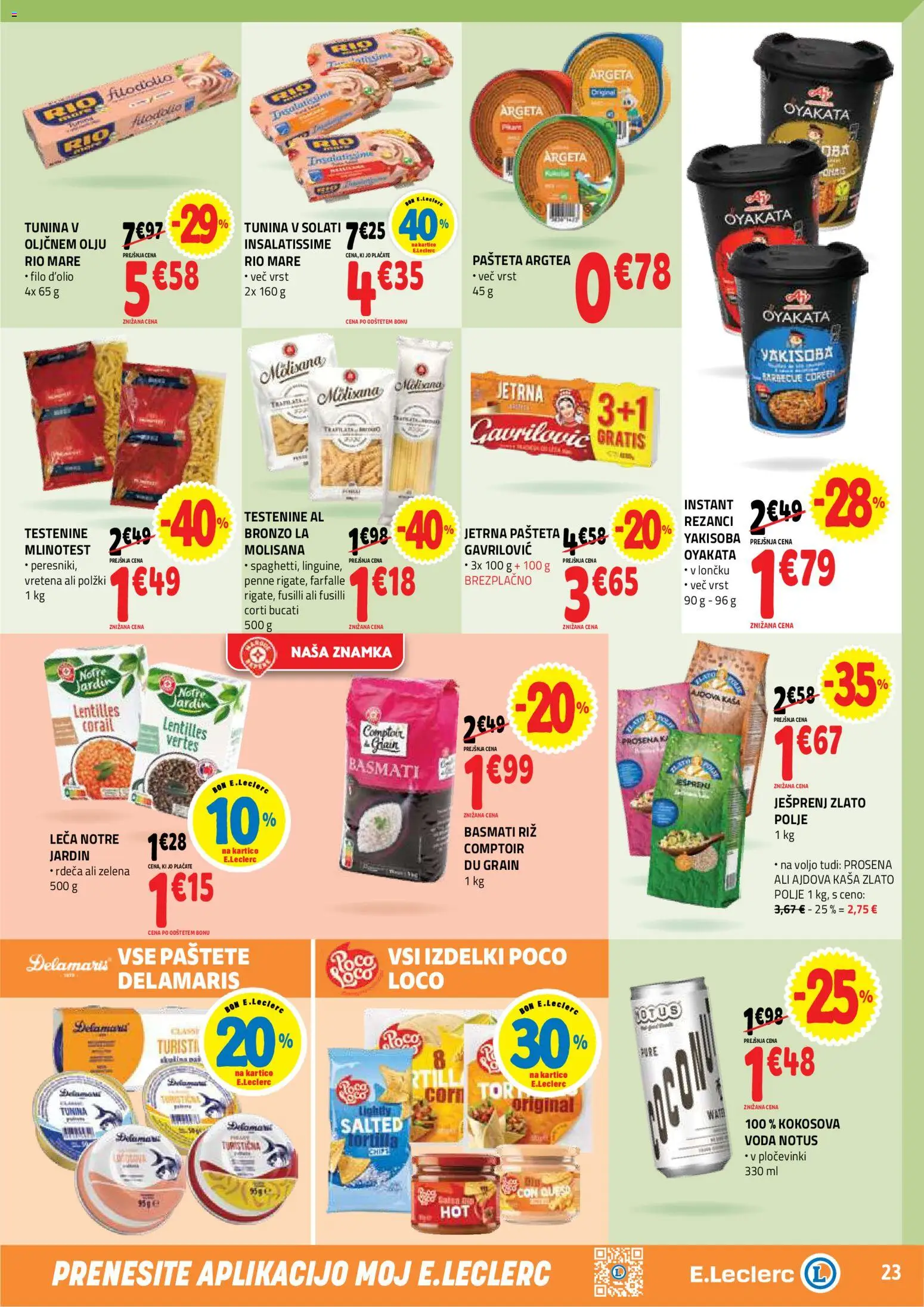 Novi E.leclerc katalog ponudbe – veljaven od 22.04.2026 | Stran: 23 | Izdelki: Leča, Riz, Voda, Zelena