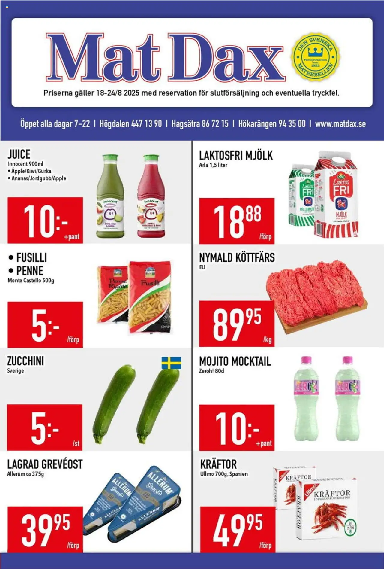 Matdax reklamblad aktuell från 18.08.2025 | Sida: 1 | Produkter: Kräftor, Galler, Mjölk, Juice