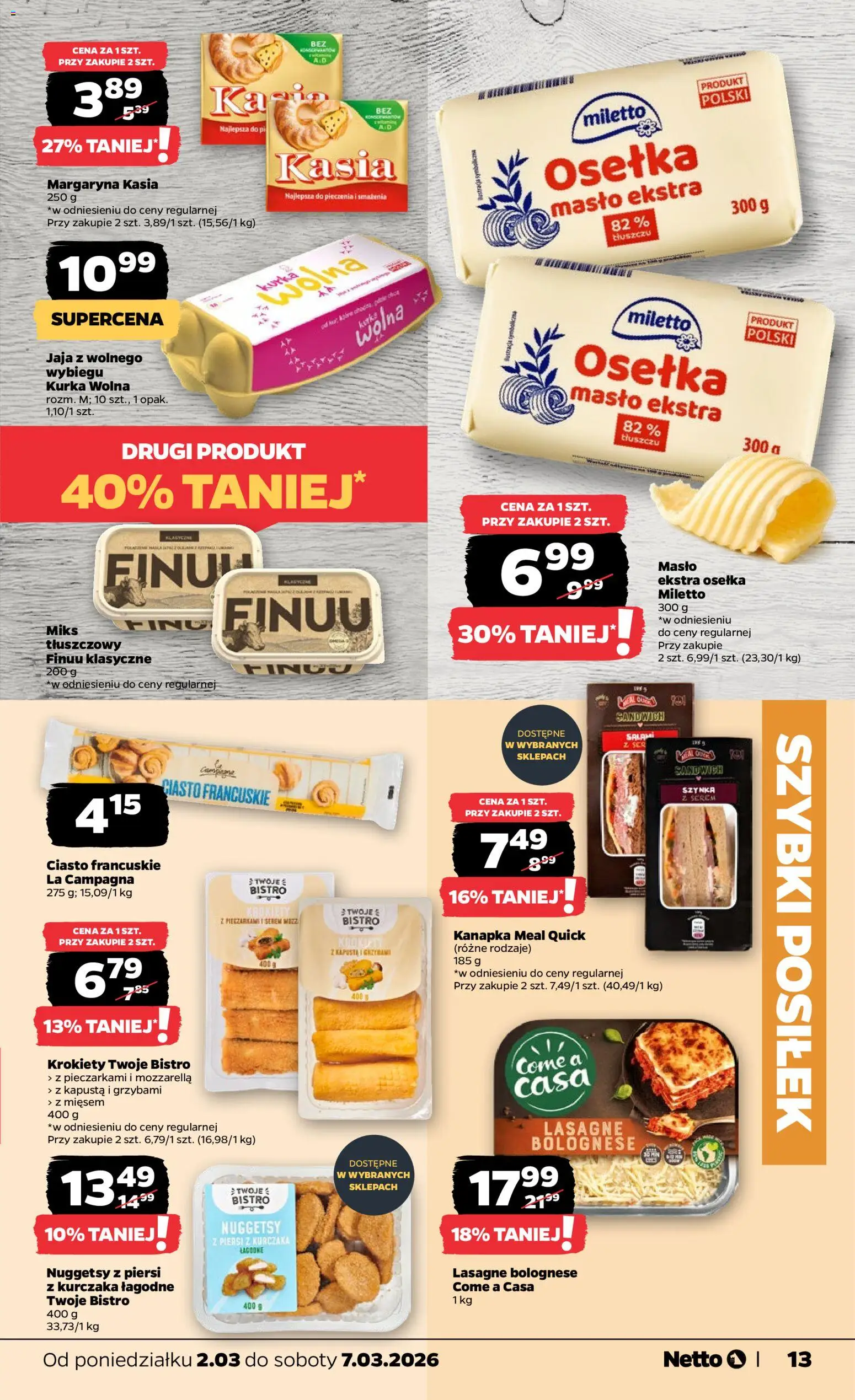 Netto gazetka od poniedziałku spożywcza od 02.03.2026 | Strona: 13 | Produkty: Sandwich, Krokiety, Szynka, Masło