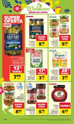 Pogląd oferty "Carrefour gazetka" - ważna od 30.03.2026 | Strona: 38 | Produkty: Groszek, Pieczarki, Ogórki, Ogórki konserwowe