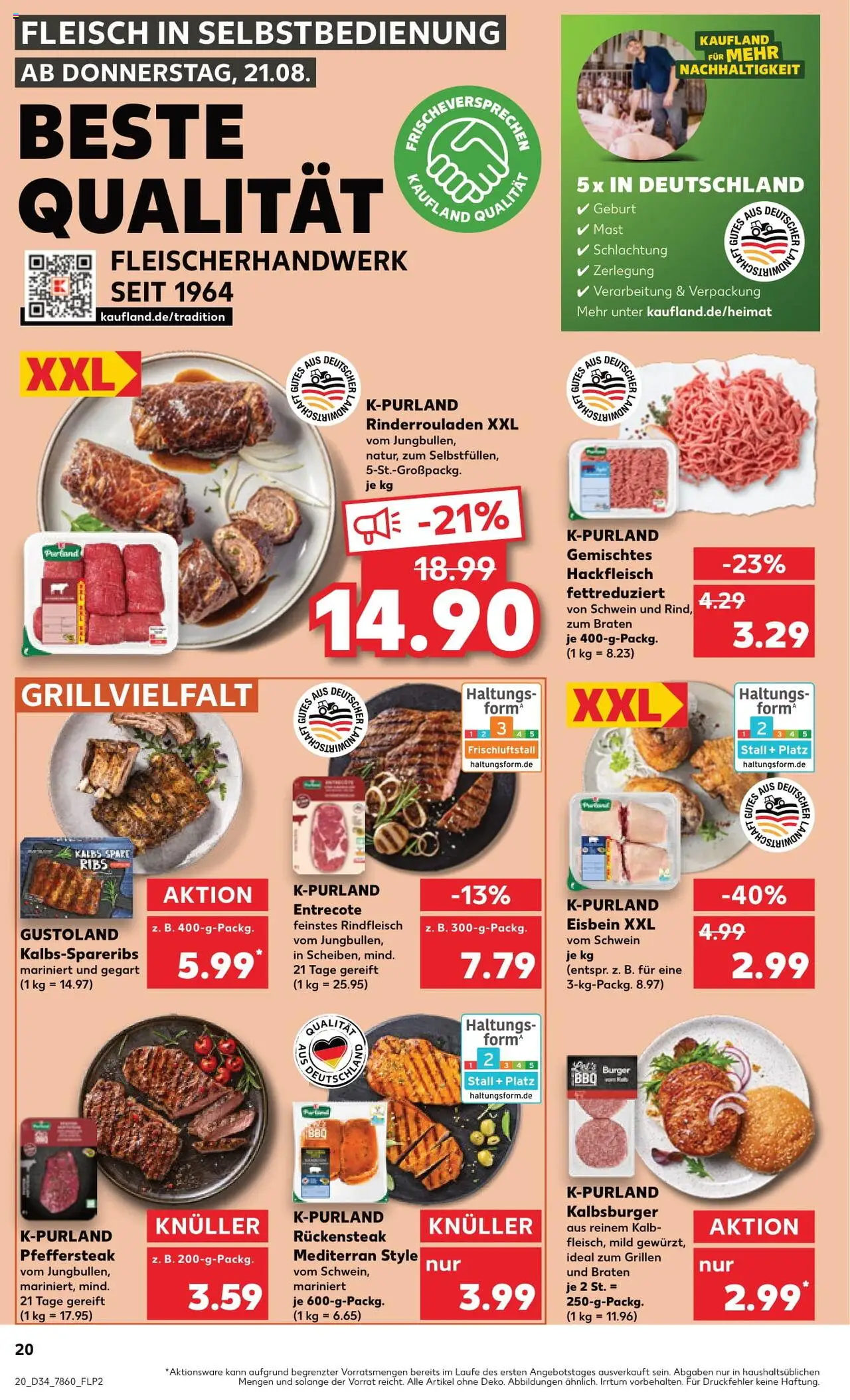 Kaufland Prospekt 	 - gültig ab dem 21.08.2025 | Seite: 20 | Produkte: Rinderrouladen, Spare ribs, Rindfleisch, Steak