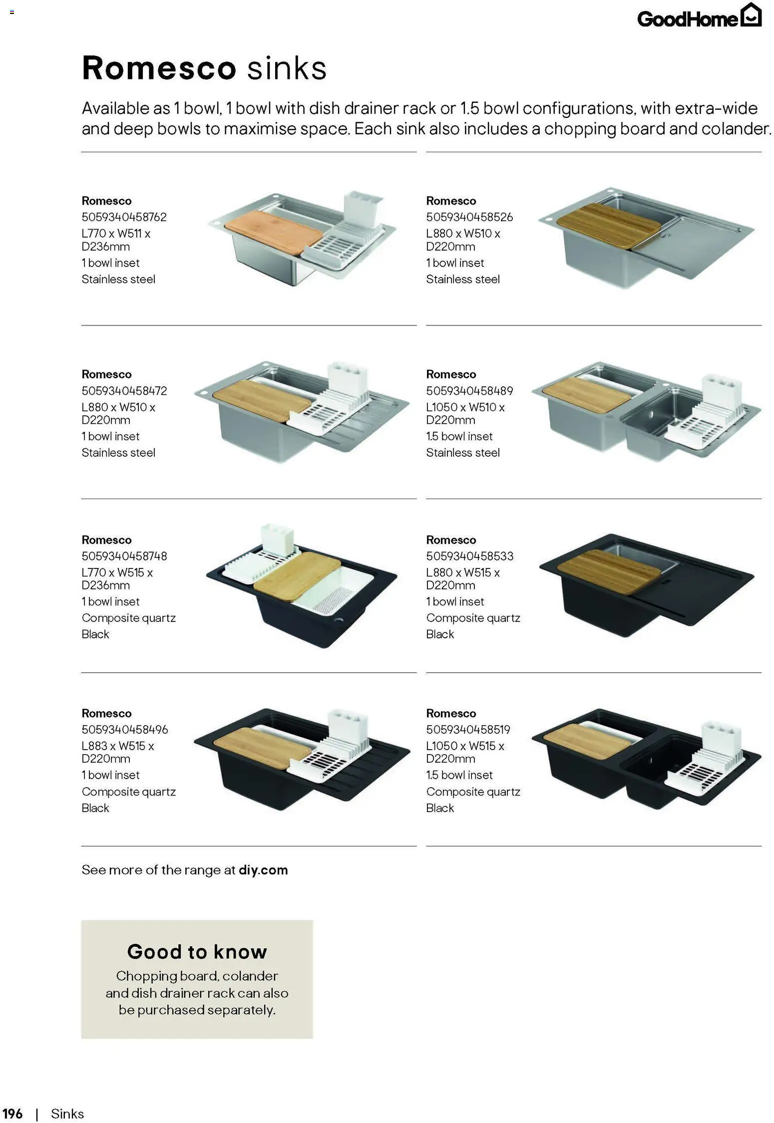 {H1} | Page: 196 | Products: Chopping board, Dish drainer, 1.5 bowl, Bowl