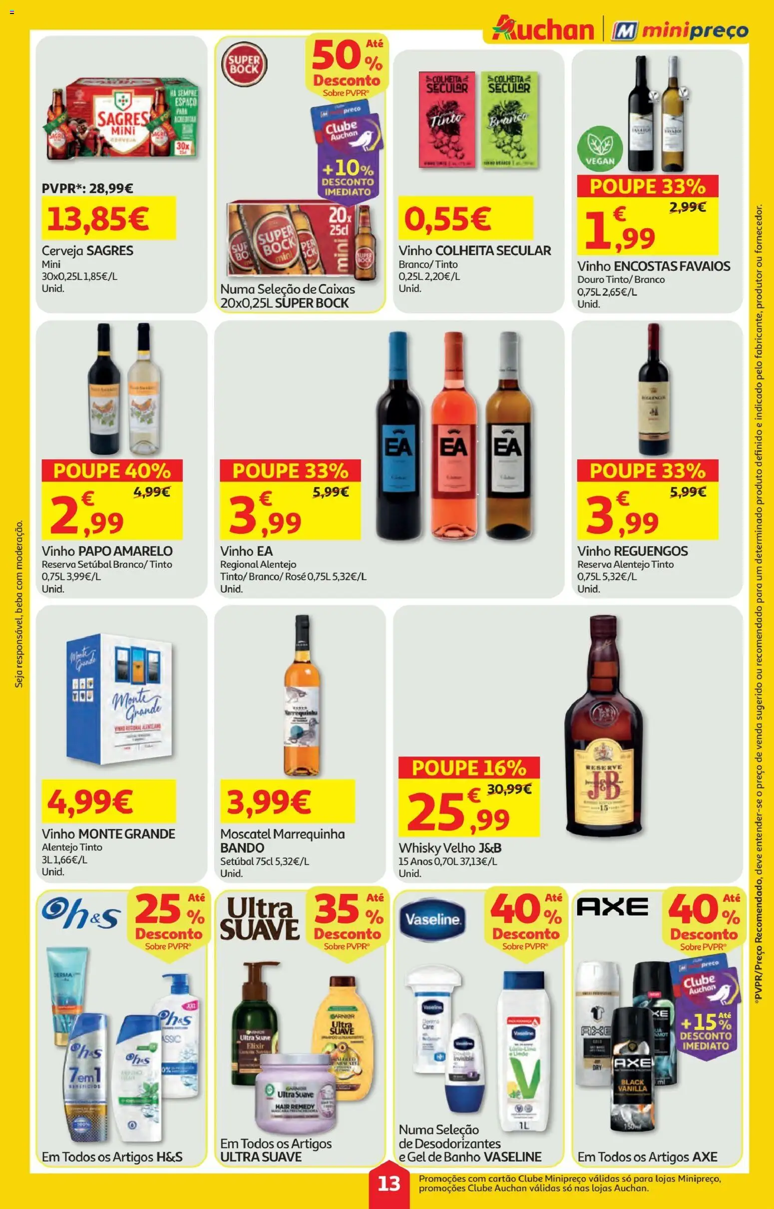 Minipreço folheto │ válido de 23.10.2025 | Página: 13 | Produtos: Whisky, Super bock, Gel de banho, Vinho