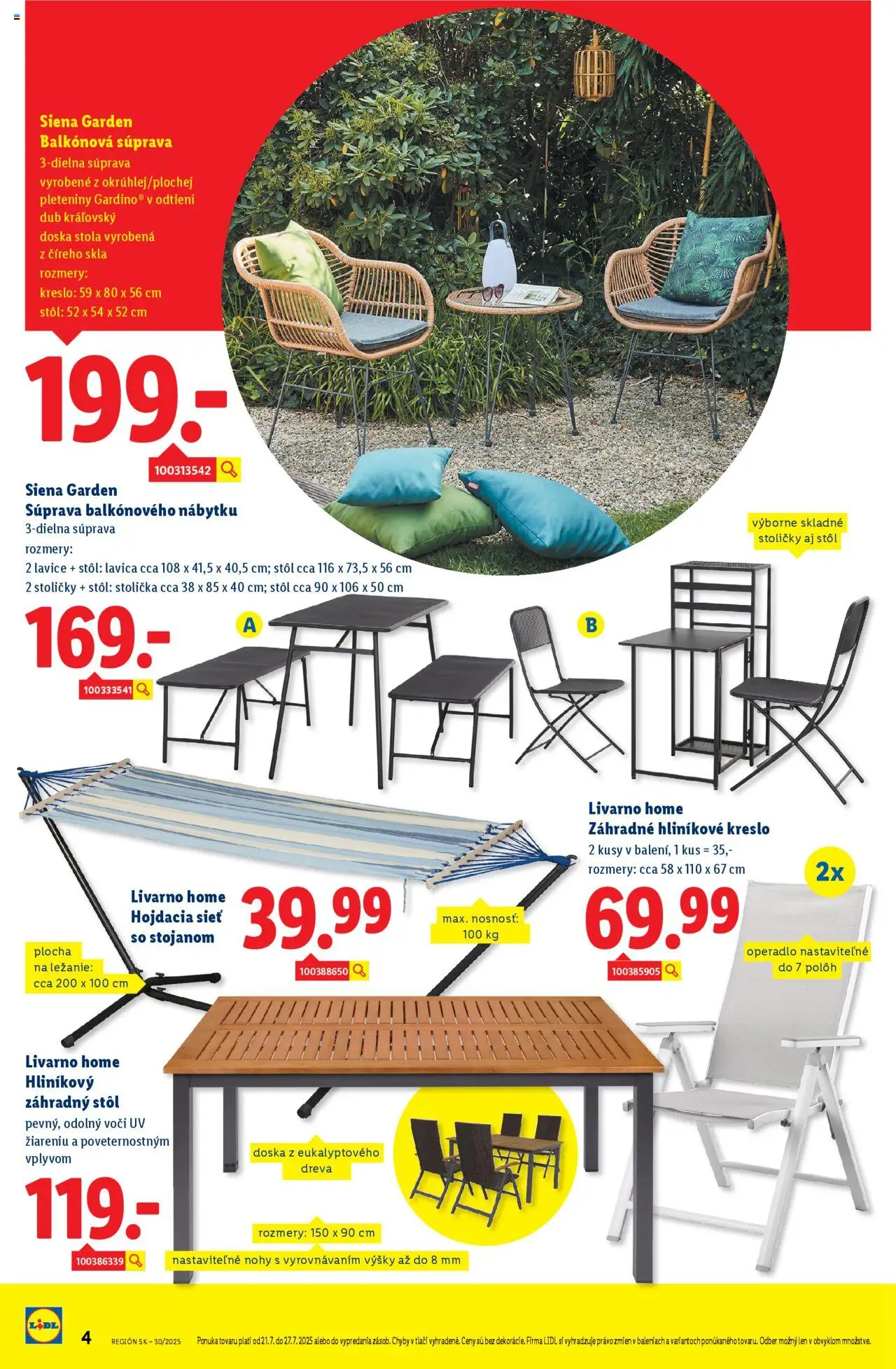 Lidl online magazín │ platný od 21.07.2025 | Strana: 4 | Produkty: Stoličky, Stôl, Záhradný stôl, Hojdacia sieť