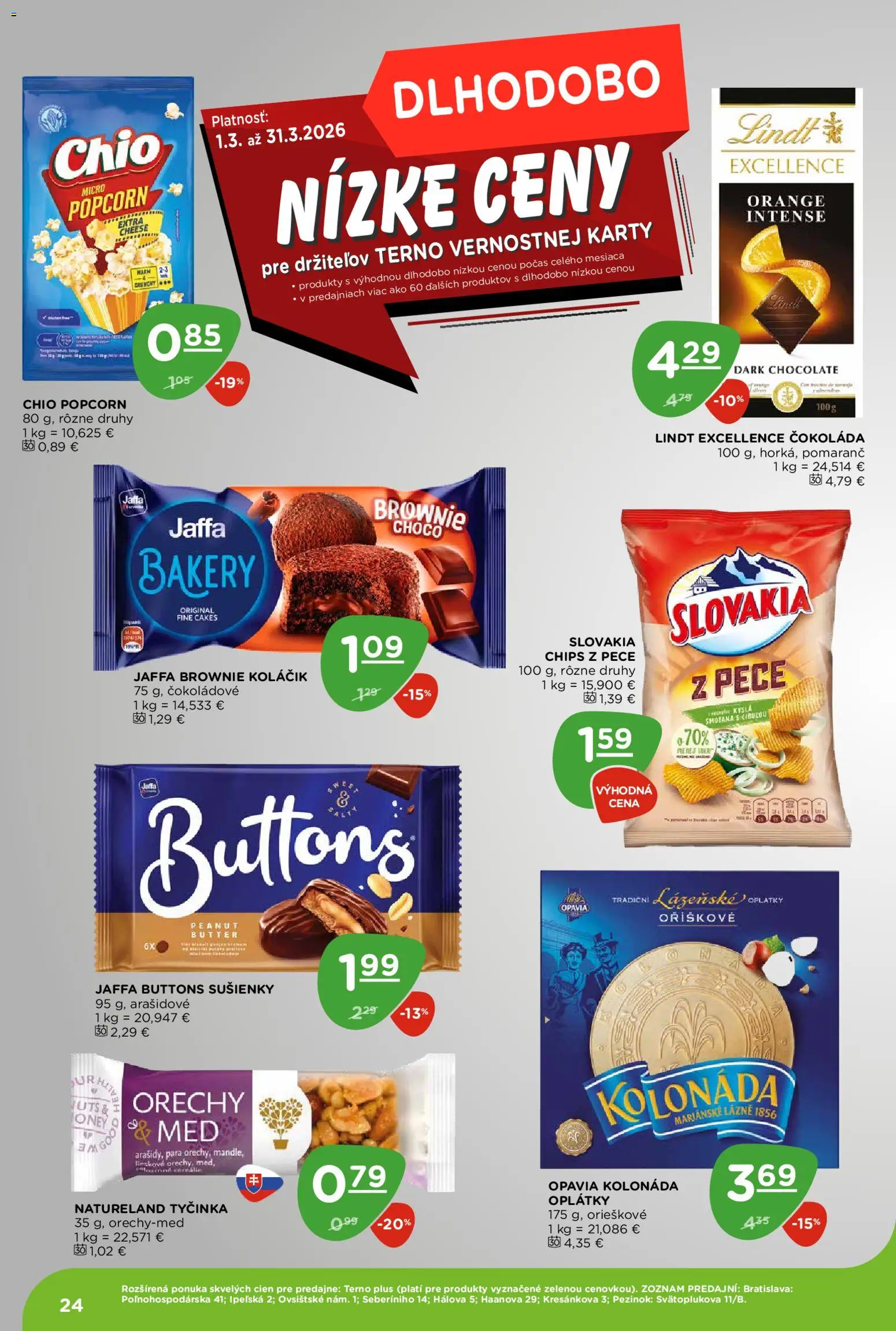 Nové Terno akcie – leták je platný od 26.03.2026 | Strana: 24 | Produkty: Lindt, Čokoláda, Orechy, Med