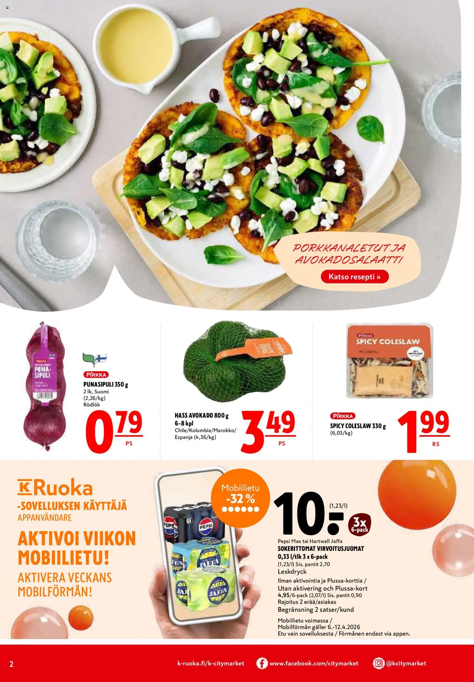 K-Citymarket tarjoukset – voimassa 09.04.2026 alkaen | Sivu: 2 | Tuotteet: Virvoitusjuomat, Avokado, Pepsi, Punasipuli