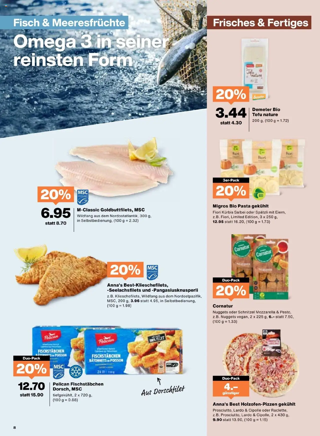Migros Aktionen – gültig ab 07.10.2025 | Seite: 8 | Produkte: Pizza, Fisch, Pasta, Kürbis