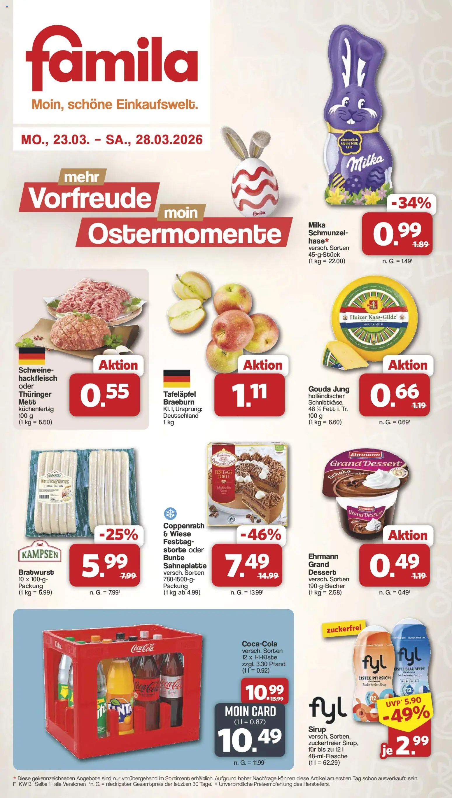 Famila Nordwest Prospekt 	 – gültig ab 23.03.2026 | Seite: 1 | Produkte: Coca cola, Ehrmann grand dessert, Bratwurst, Hackfleisch