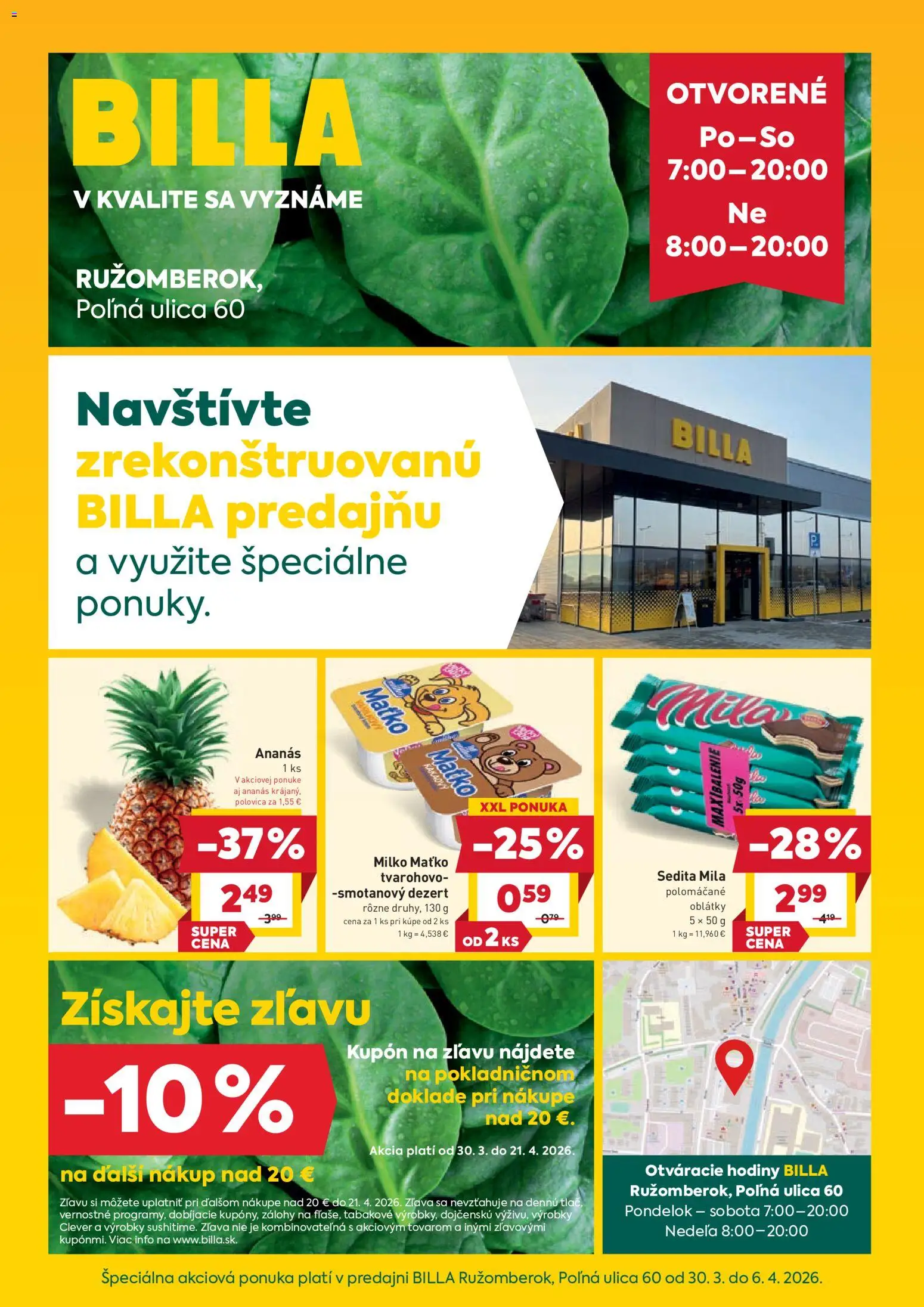 Nové Billa akcie – leták je platný od 30.03.2026 | Strana: 1 | Produkty: Hodiny, Ananás, Mila