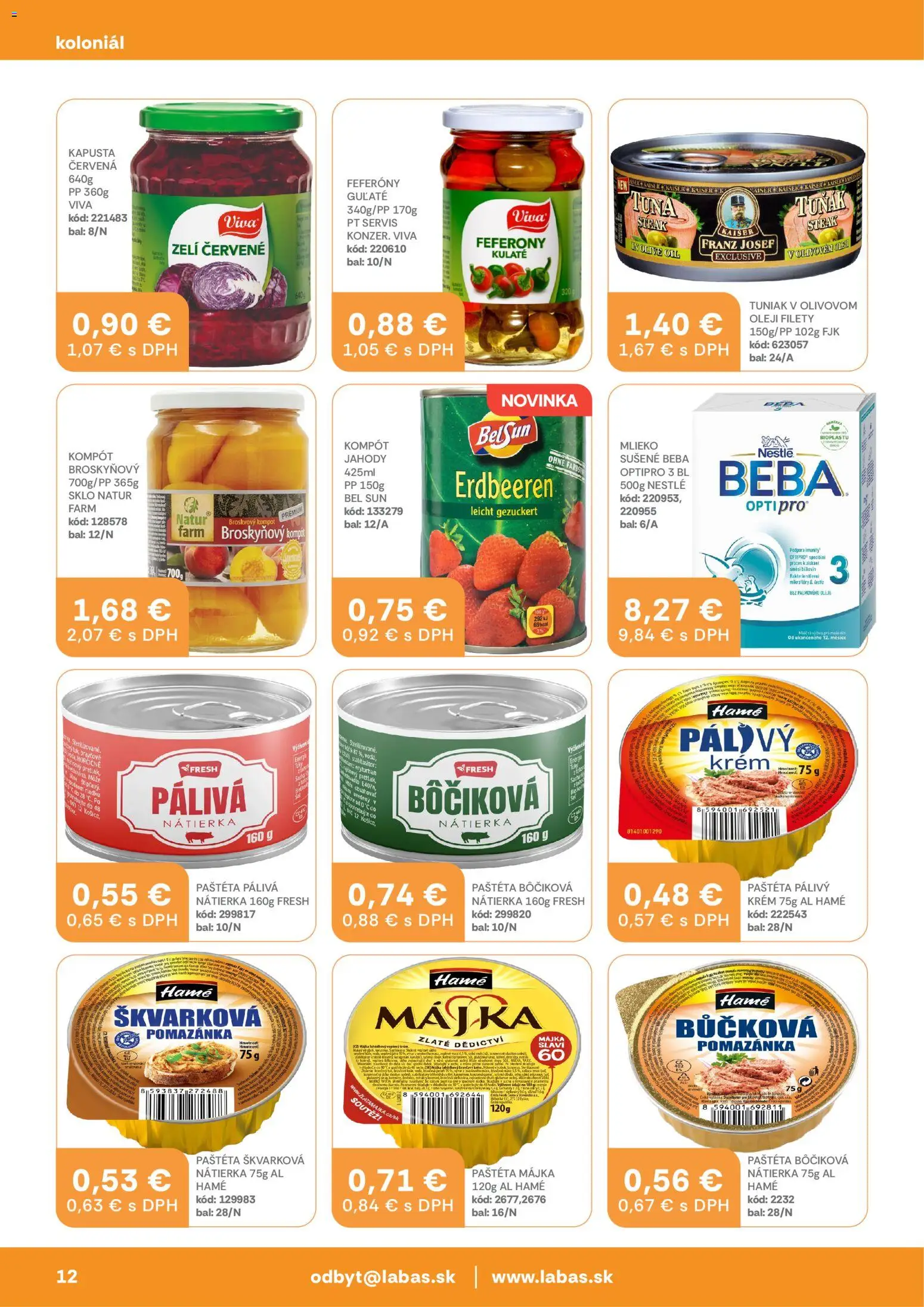 Nové Labaš akcie – leták je platný od 10.04.2026 | Strana: 12 | Produkty: Mlieko, Kapusta červená, Steak, Beba