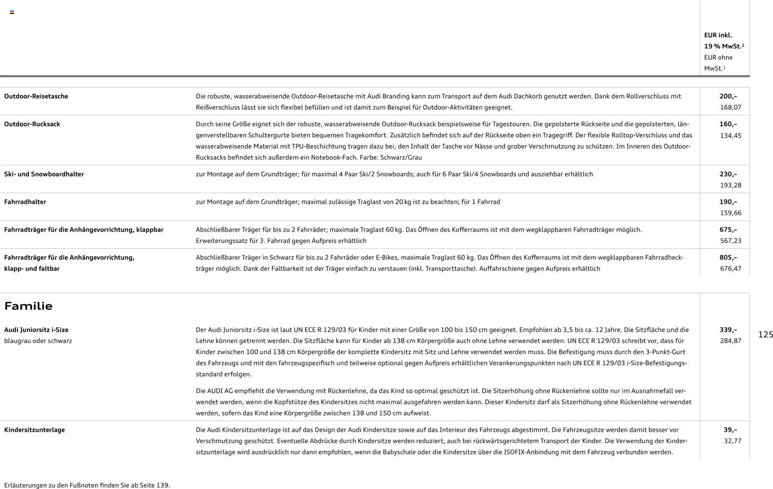 Audi Q3 – gültig ab 09.01.2025 | Seite: 125 | Produkte: Tasche, Ski