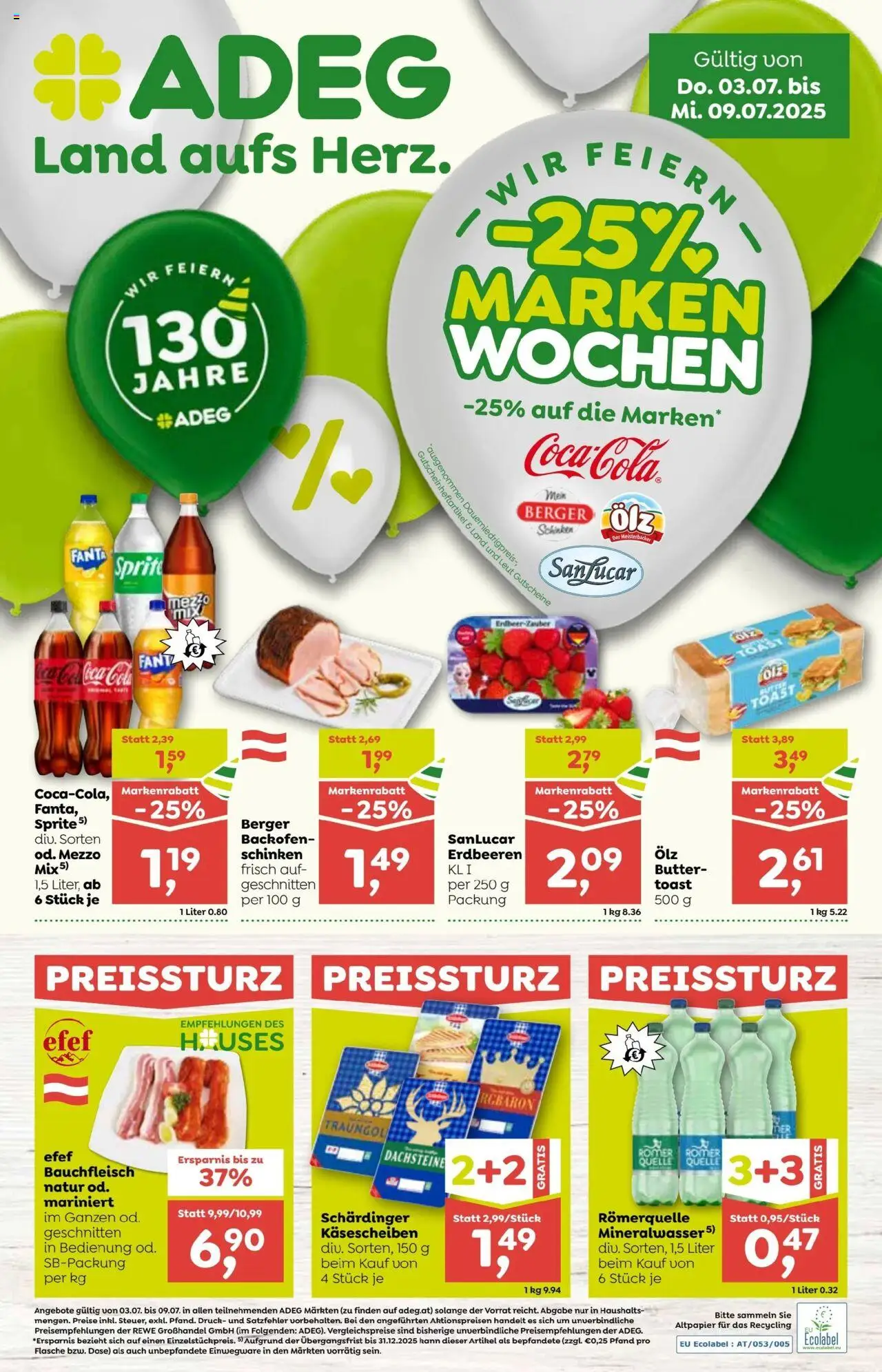 ADEG Flugblatt gültig ab 03.07.2025 | Seite: 1 | Produkte: Erdbeeren, Butter, Schinken