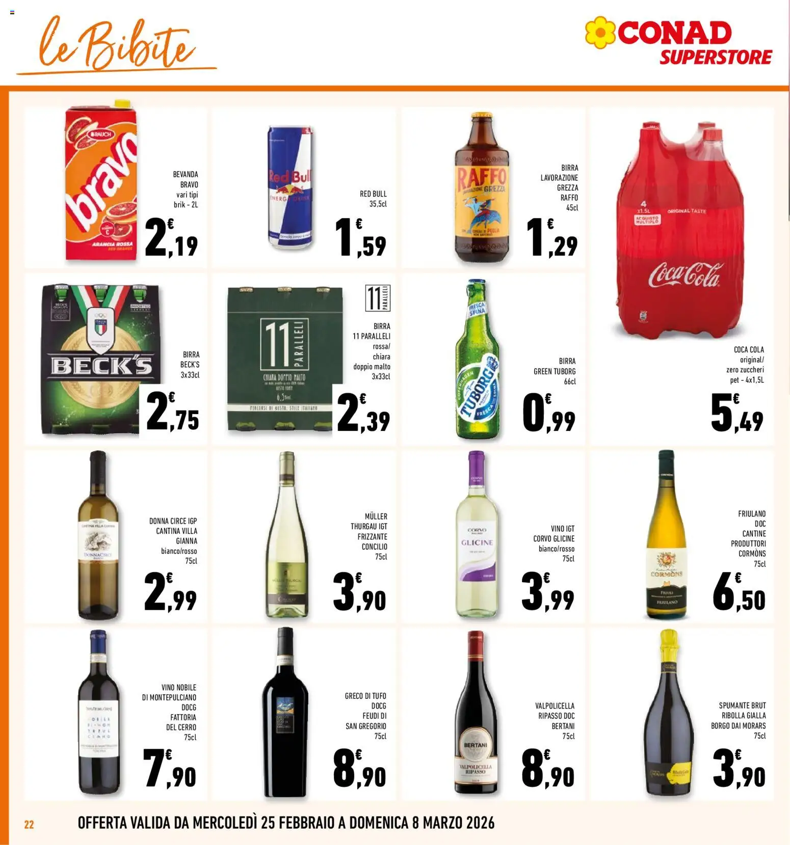 Volantino Conad del 25.02.2026 | Pagina: 22 | Prodotti: Birra, Spumante, Arancia, Red Bull