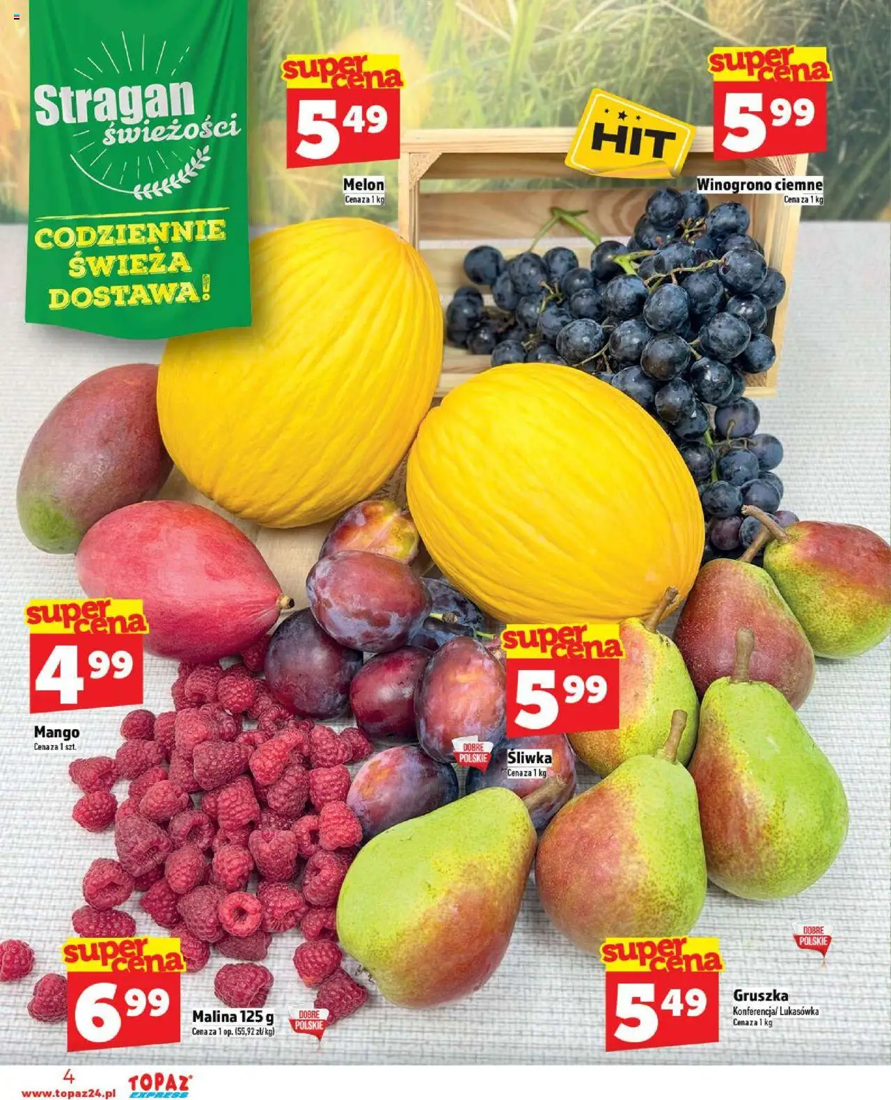 Topaz Gazetka - Express od 11.09.2025 | Strona: 4 | Produkty: Mango, Gruszka, Melon, Winogrono