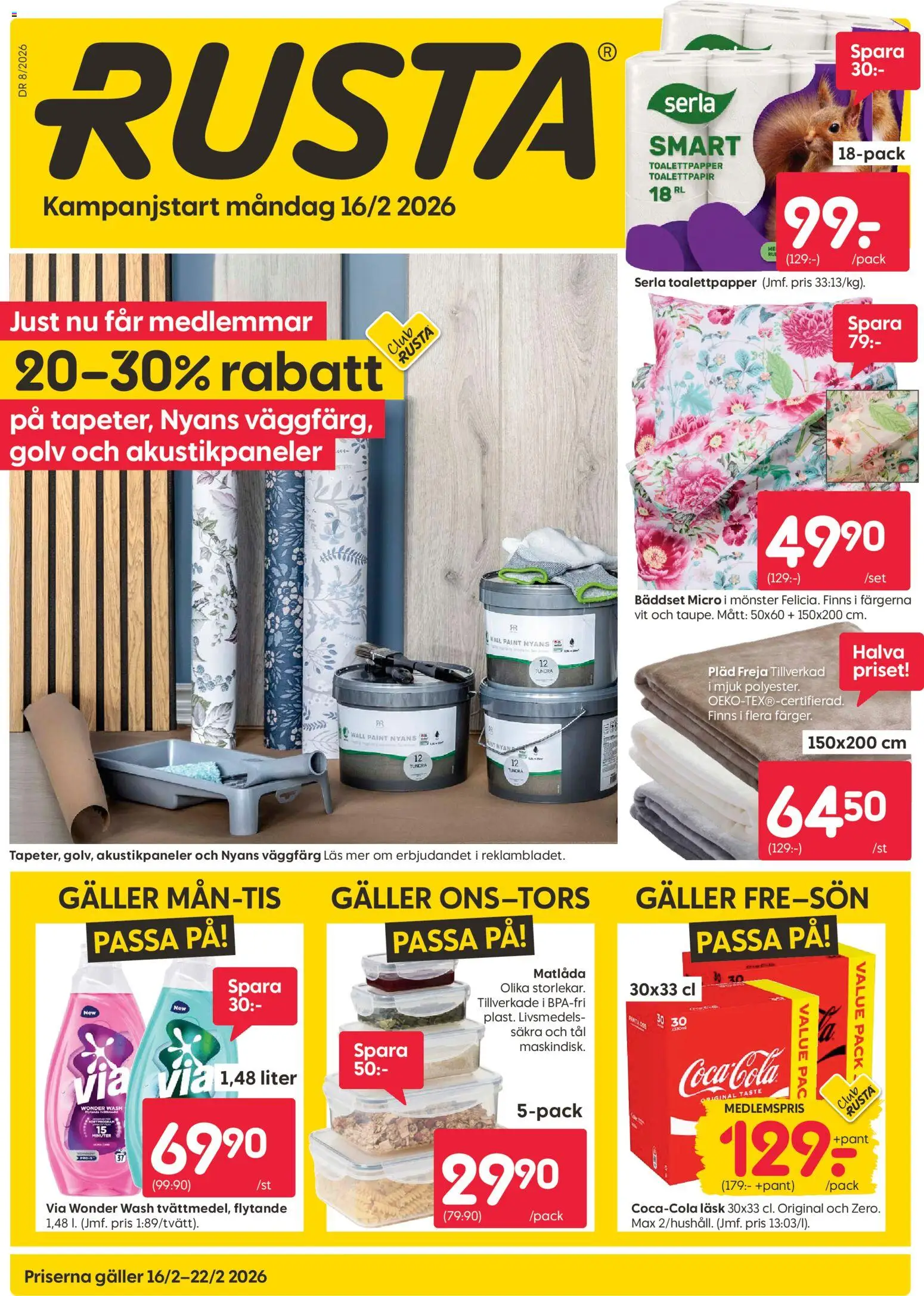 Rusta reklamblad aktuell från 16.02.2026 | Sida: 1 | Produkter: Toalettpapper, Bäddset, Galler, Matlåda