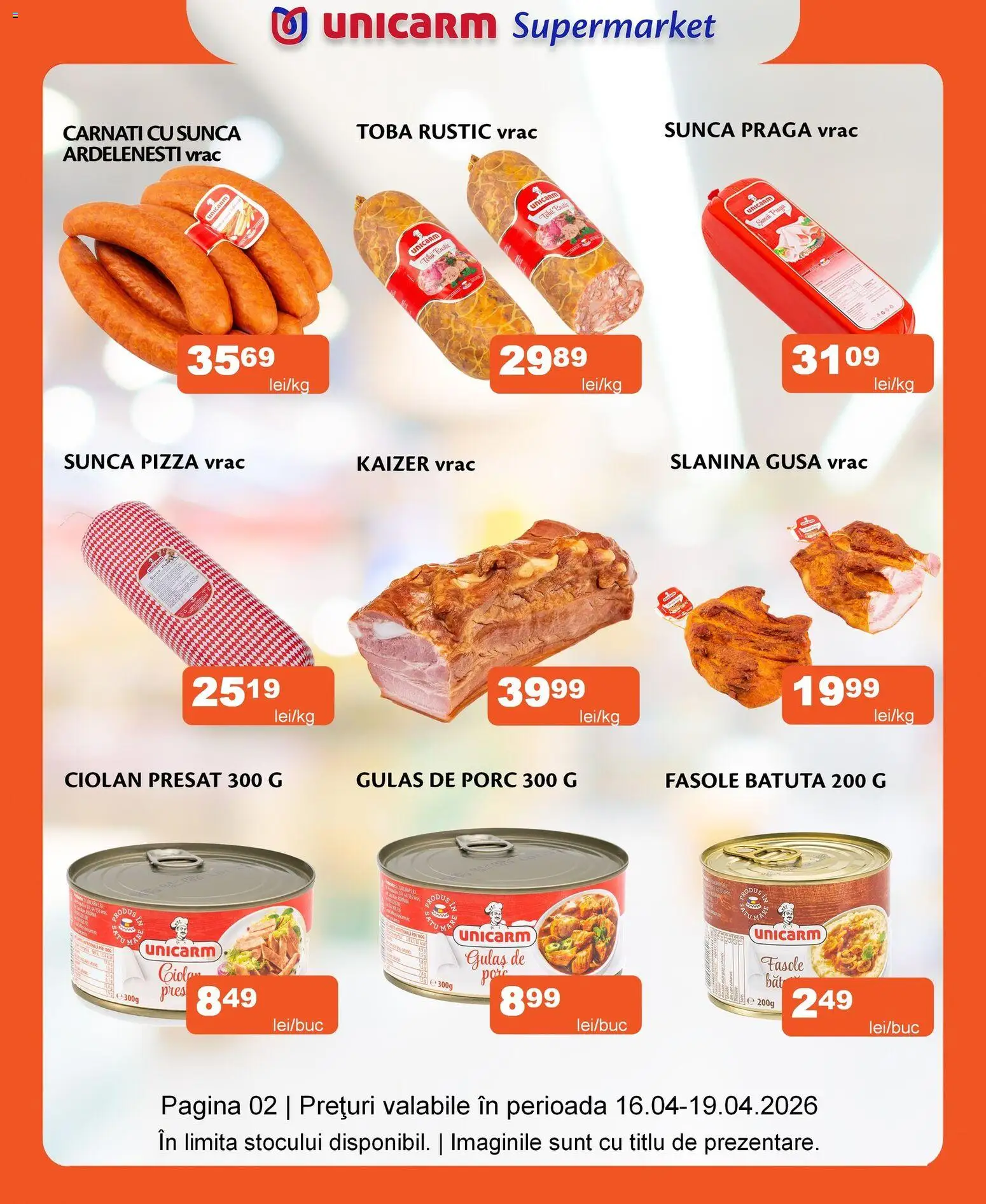 Noul catalog Unicarm – valabil de la 16.04.2026 | Pagină: 2 | Produse: Șuncă, Pizza, Gulaș, Cârnați