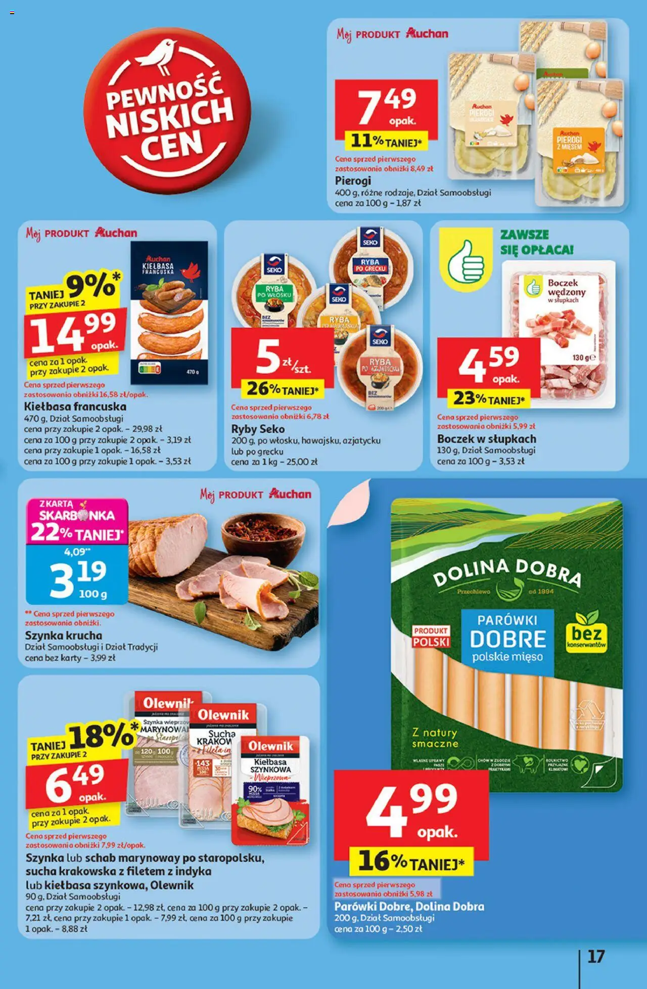 Auchan Gazetka - Pewność niskich cen Hipermarket od 18.09.2025 | Strona: 17 | Produkty: Kiełbasa, Pierogi z mięsem, Szynka, Ryby