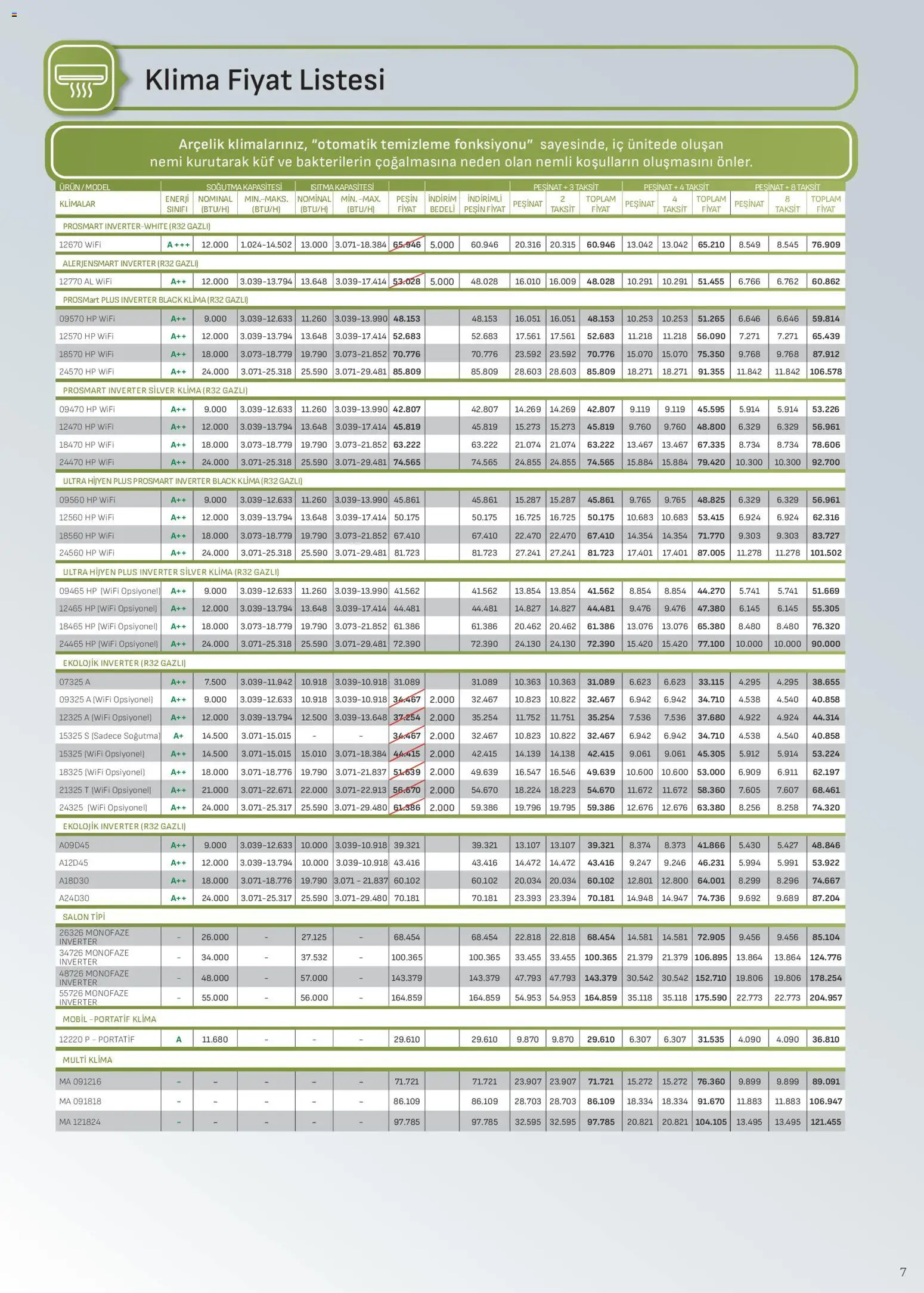 Arçelik - İklimlendirme Kataloğu - 16.03.2026 tarihinden itibaren geçerlidir | Sayfa: 7 | Ürünler: Klima