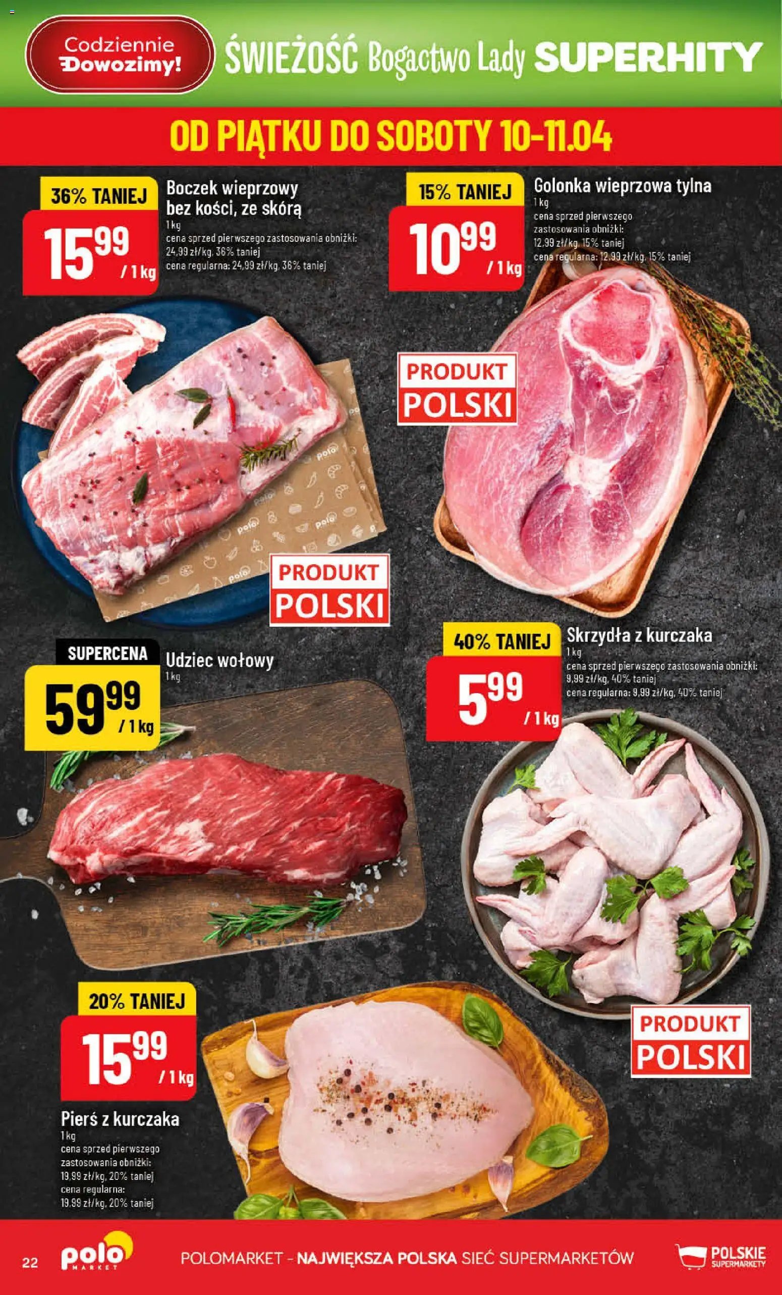 POLOmarket gazetka od 08.04.2026 | Strona: 22 | Produkty: Pierś z kurczaka, Boczek wieprzowy, Golonka wieprzowa, Boczek