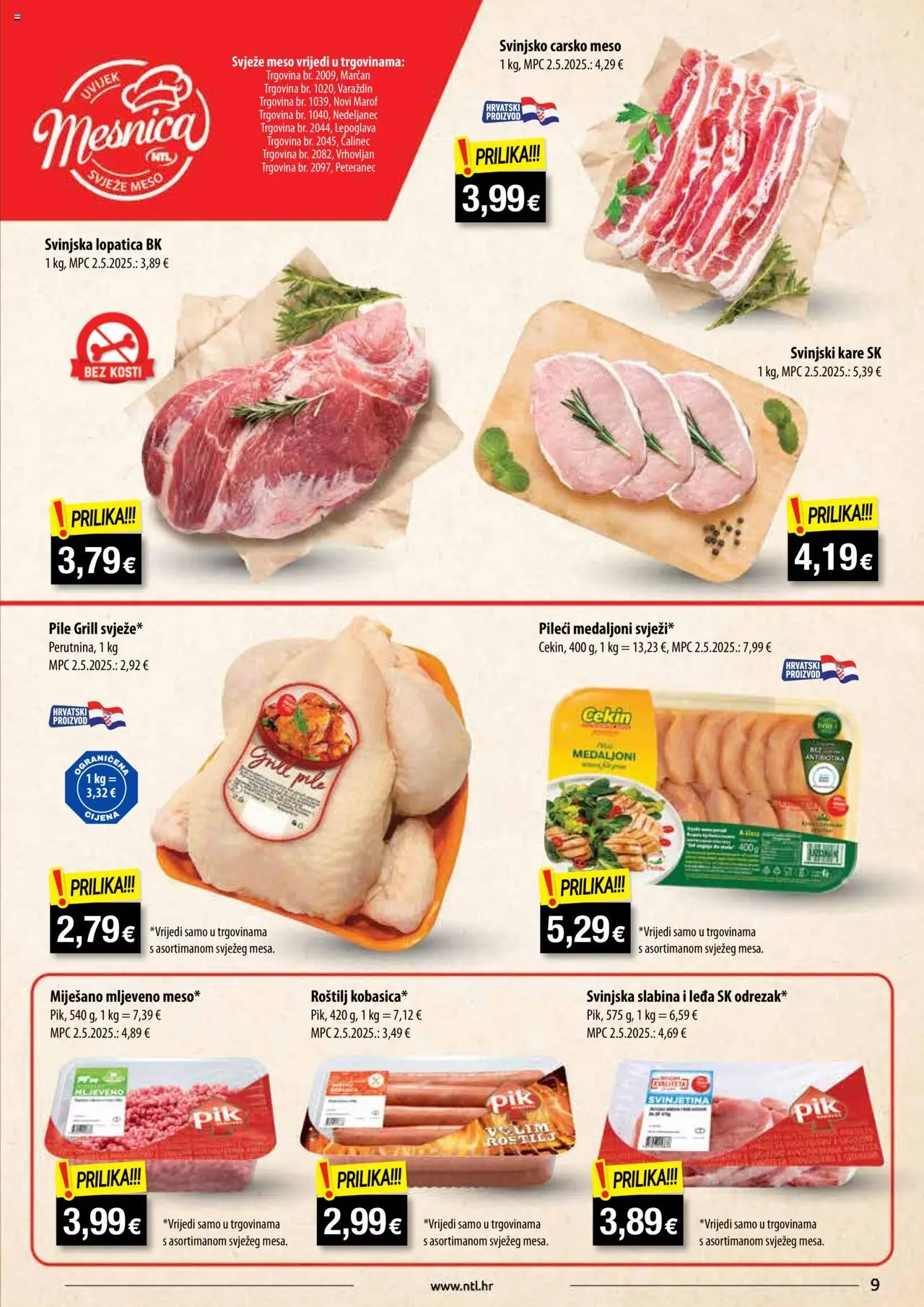 NTL katalog | vrijedi od 06.08.2025 | Stranica: 9 | Proizvodi: Pileći medaljoni, Svinjska lopatica, Svinjski kare, Lopatica