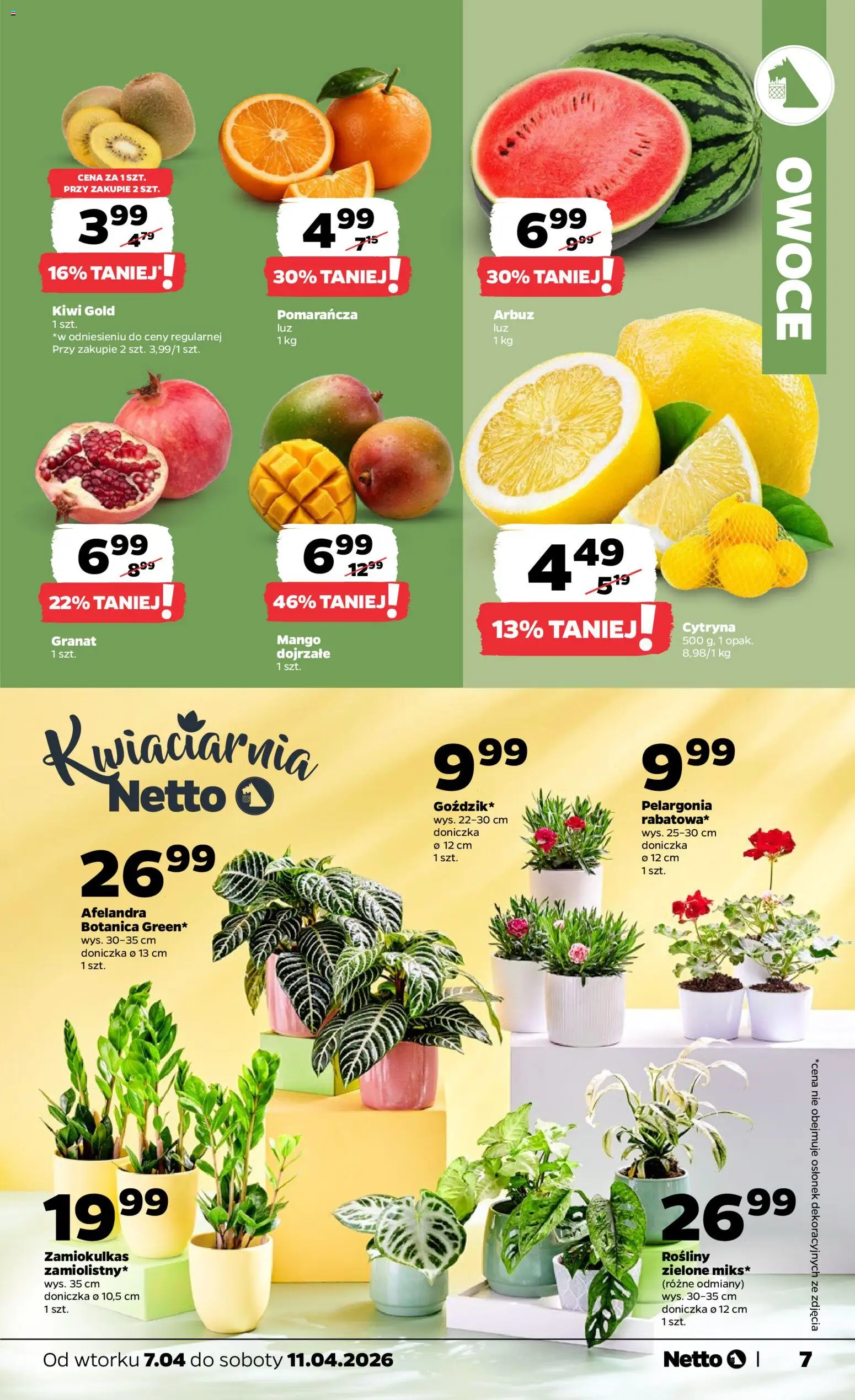 Netto gazetka od wtorku spożywcza od 07.04.2026 | Strona: 7 | Produkty: Cytryna, Arbuz, Zamiokulkas, Kiwi