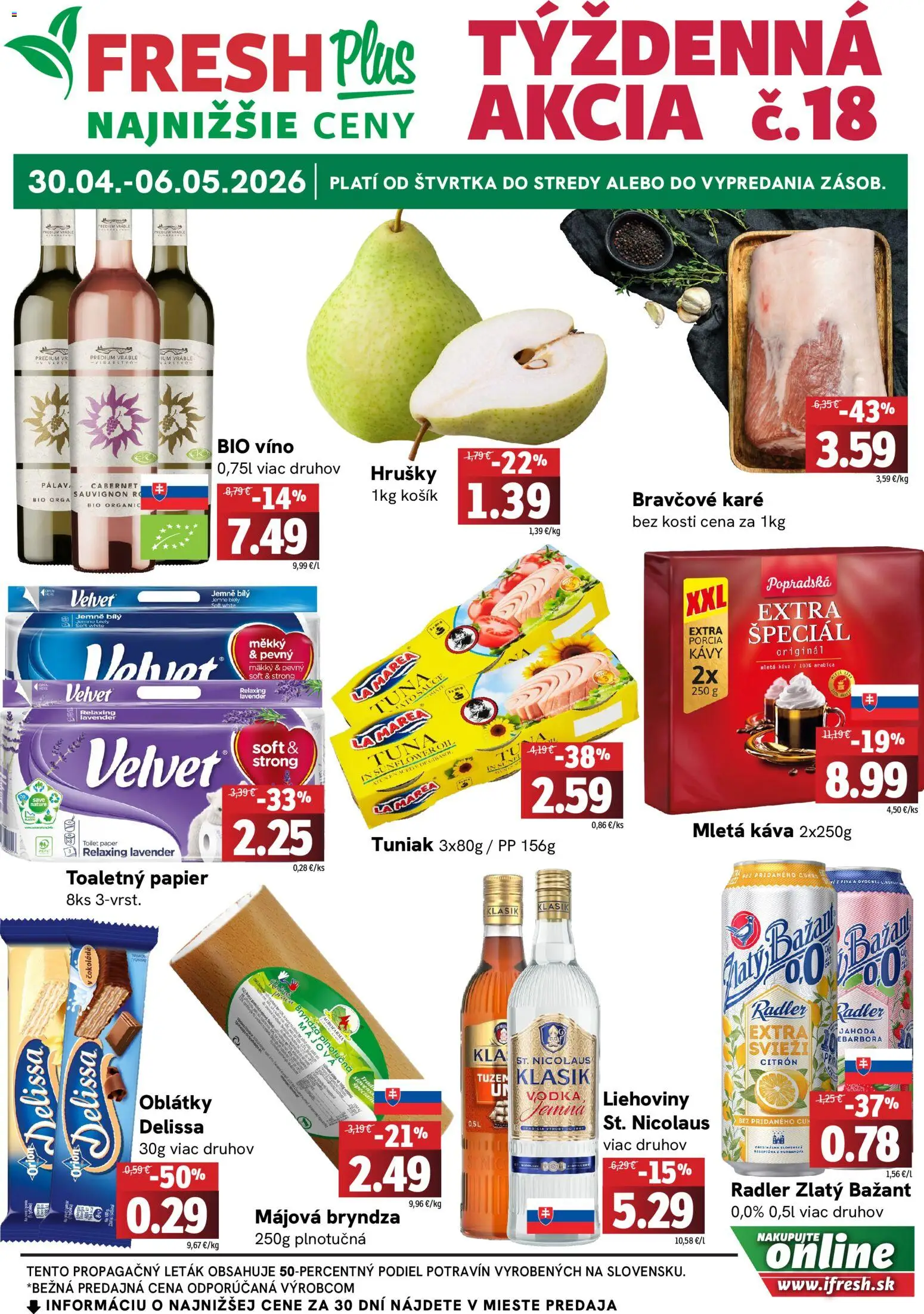 Nové Fresh akcie – leták je platný od 30.04.2026 | Strana: 1 | Produkty: Tuniak, Káva, Toaletný papier, Bravčové karé