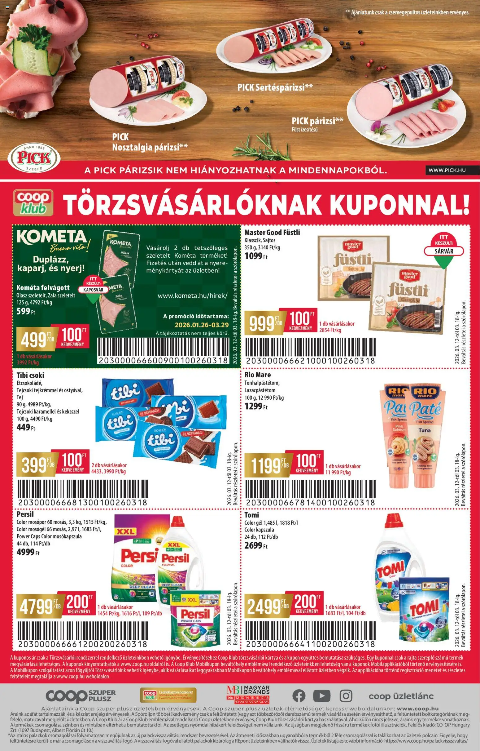 COOP akciós ujság - amely érvényes a következő dátumtól: 12.03.2026 | Oldal: 12 | Termékek: Pick, Mosókapszula, Mosópor, Felvágott