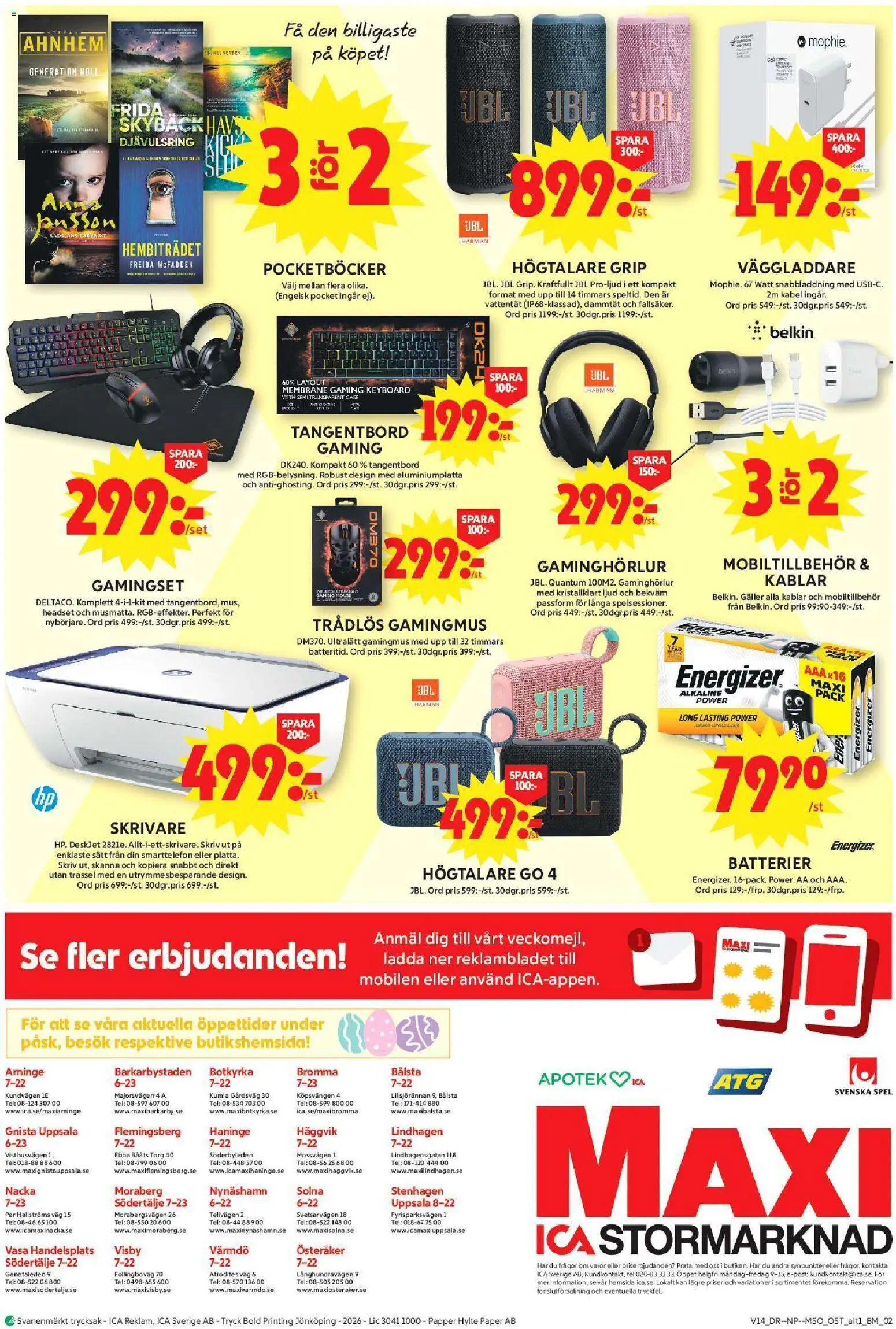 ICA Maxi reklamblad aktuell från 30.03.2026 | Sida: 19 | Produkter: Tangentbord, Väggladdare, Högtalare, Headset