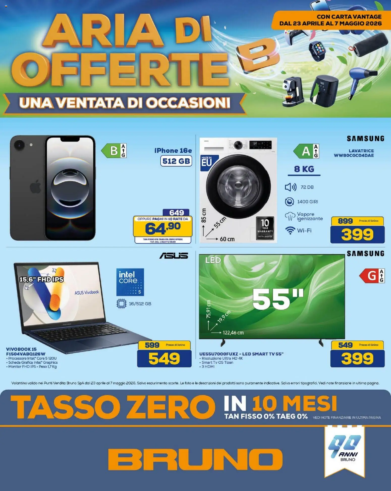 Volantino BRUNO del 23.04.2026 | Pagina: 1 | Prodotti: Iphone, smart TV, Lavatrice, Samsung