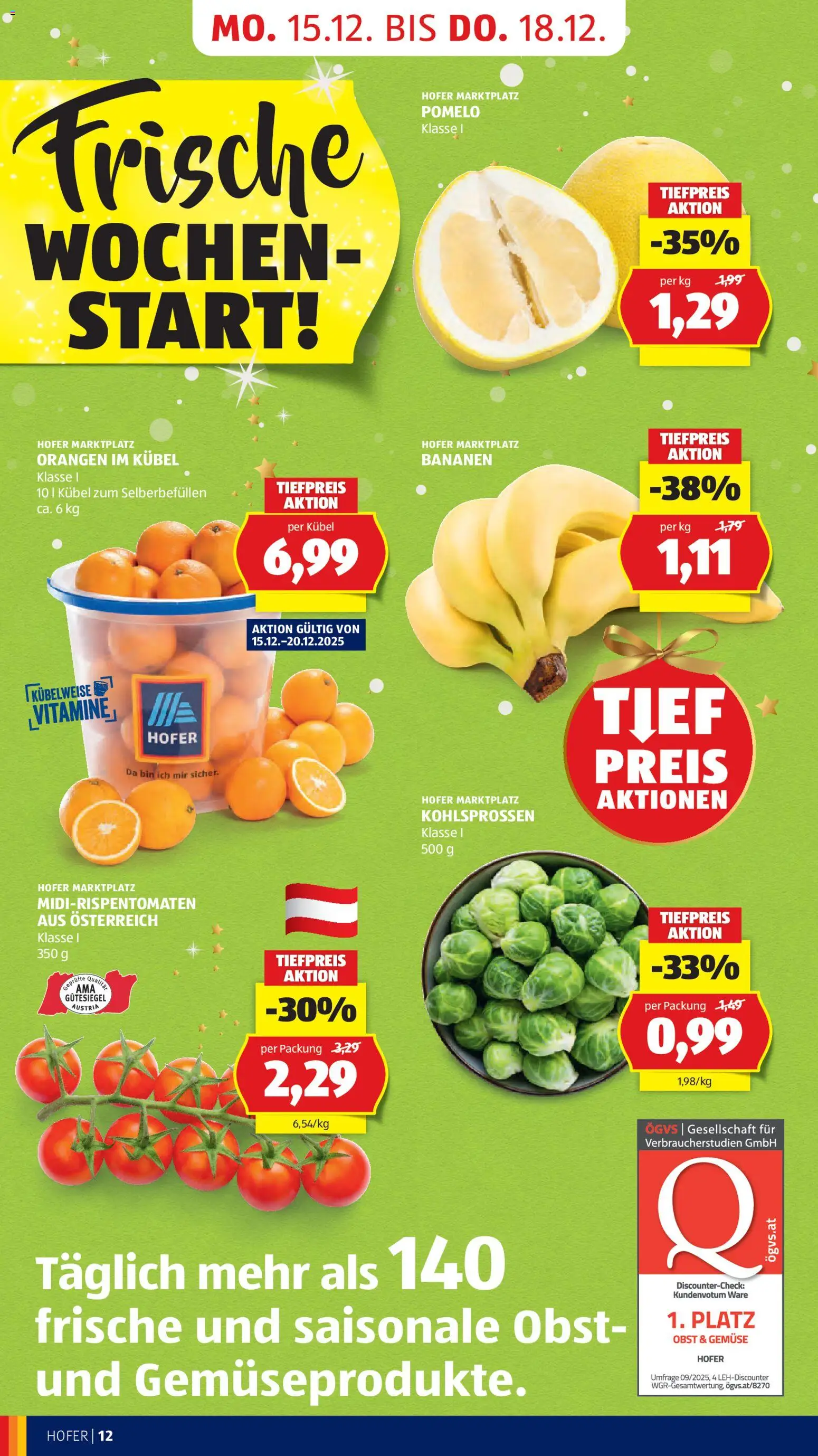 Hofer Flugblatt gültig ab 12.12.2025 | Seite: 20 | Produkte: Gemüse, Obst, Orangen, Bananen