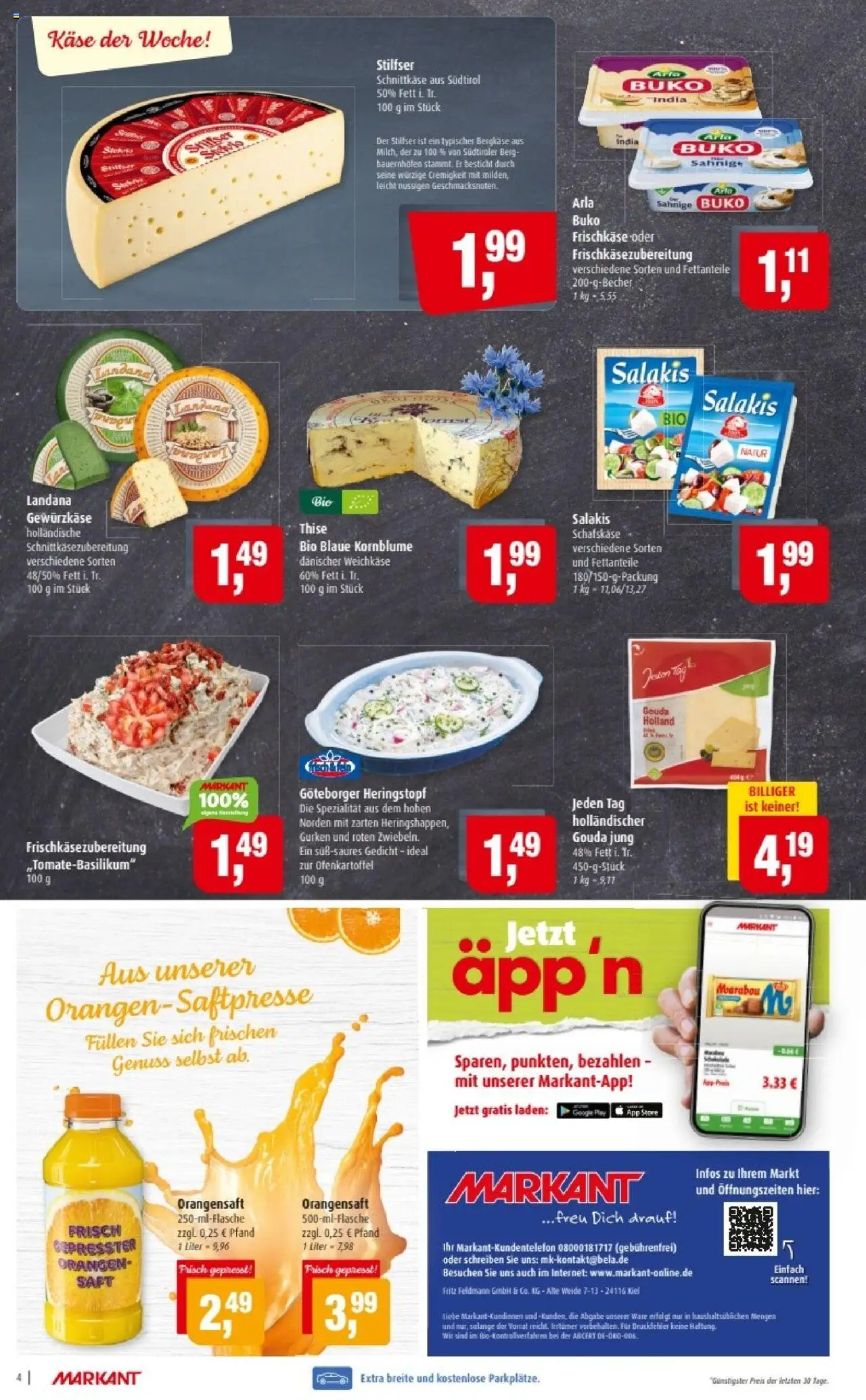 Markant Prospekt 	 – gültig ab 22.09.2025 | Seite: 4 | Produkte: Käse, Orangensaft, Salakis, Gurken