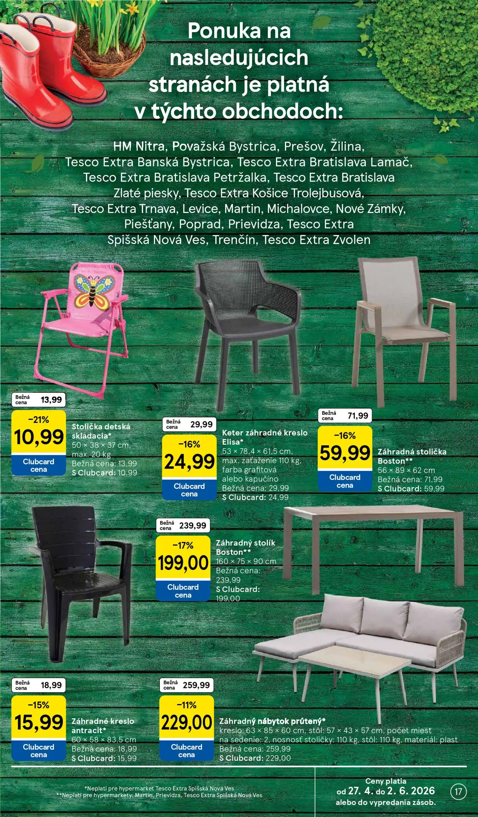 Nové Tesco akcie – leták je platný od 27.04.2026 | Strana: 17 | Produkty: Nábytok, Stoličky, Stôl, Záhradný nábytok