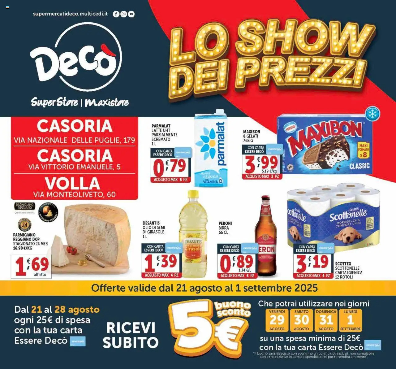 Volantino Decò del 21.08.2025 | Pagina: 1 | Prodotti: Carta igienica, Latte, Parmigiano reggiano, Parmigiano