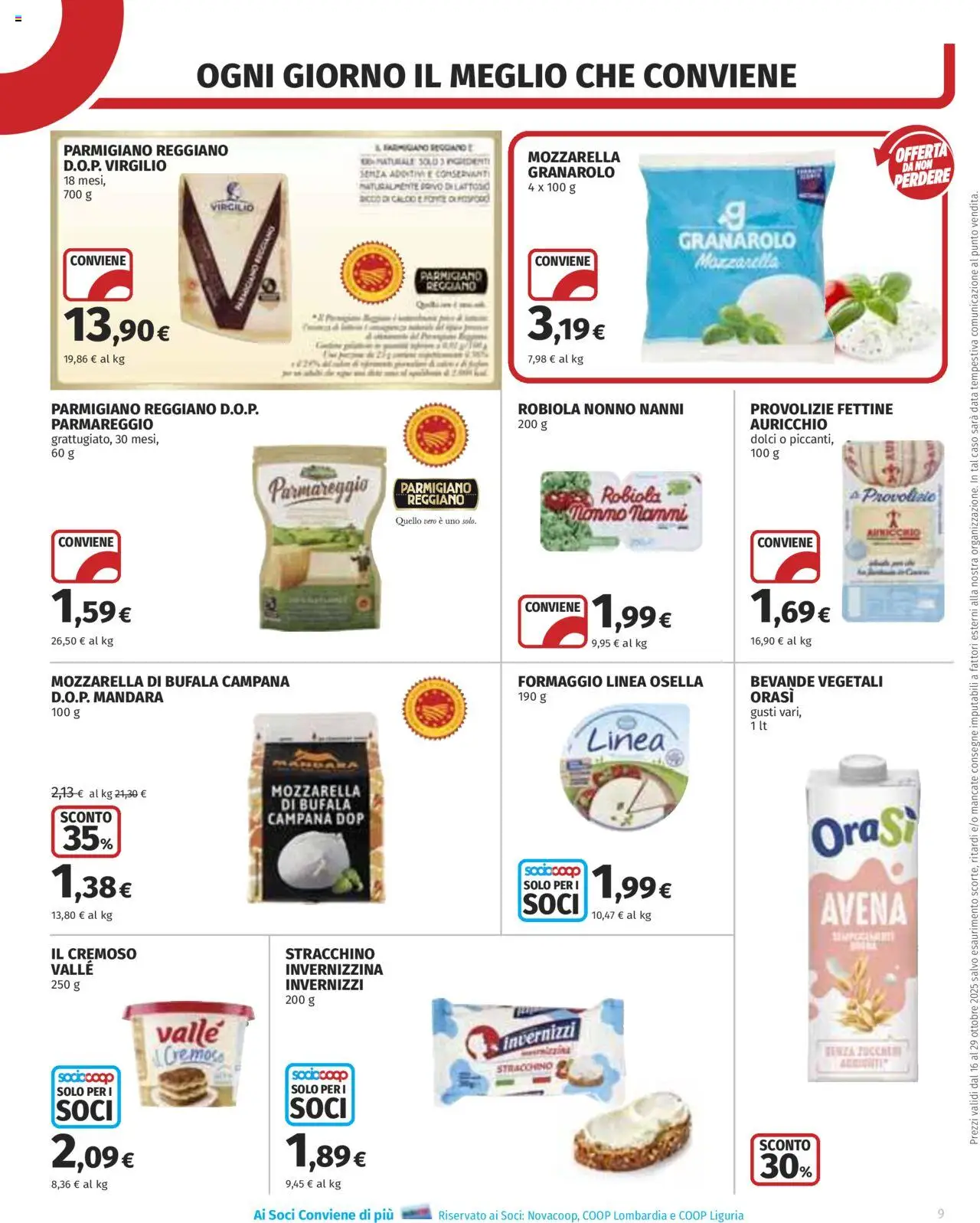 Volantino COOP del 16.10.2025 | Pagina: 9 | Prodotti: Mozzarella, Stracchino, Parmigiano reggiano, Robiola