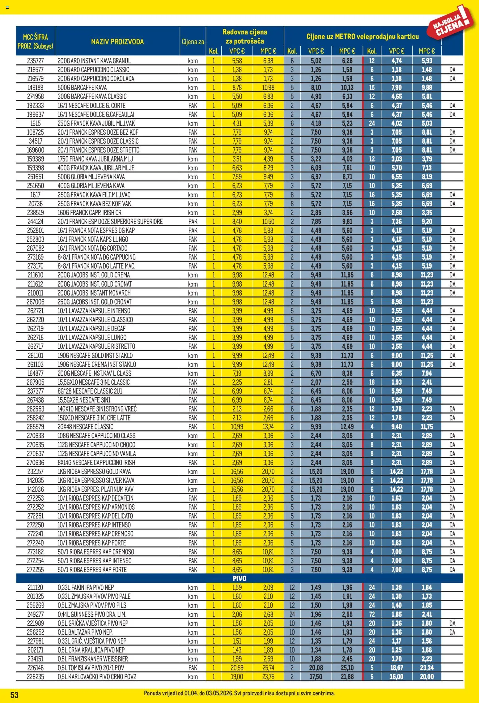 Metro katalog | vrijedi od 01.04.2026 | Stranica: 53 | Proizvodi: Mljevena kava, Kava, Karlovačko, Nescafe Gold