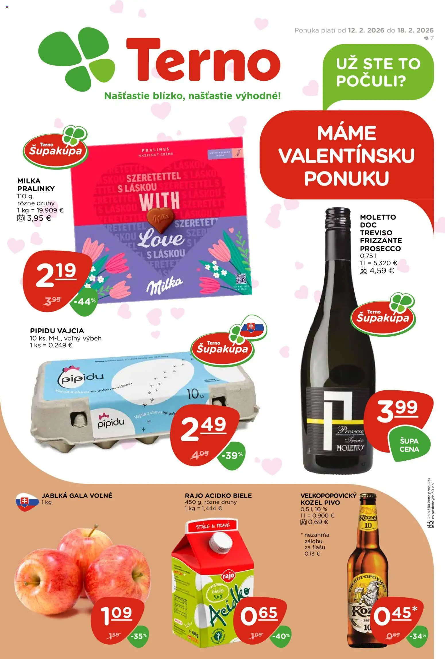 Nové Terno akcie – leták je platný od 12.02.2026 | Strana: 1 | Produkty: Jablká, Prosecco, Milka, Acidko