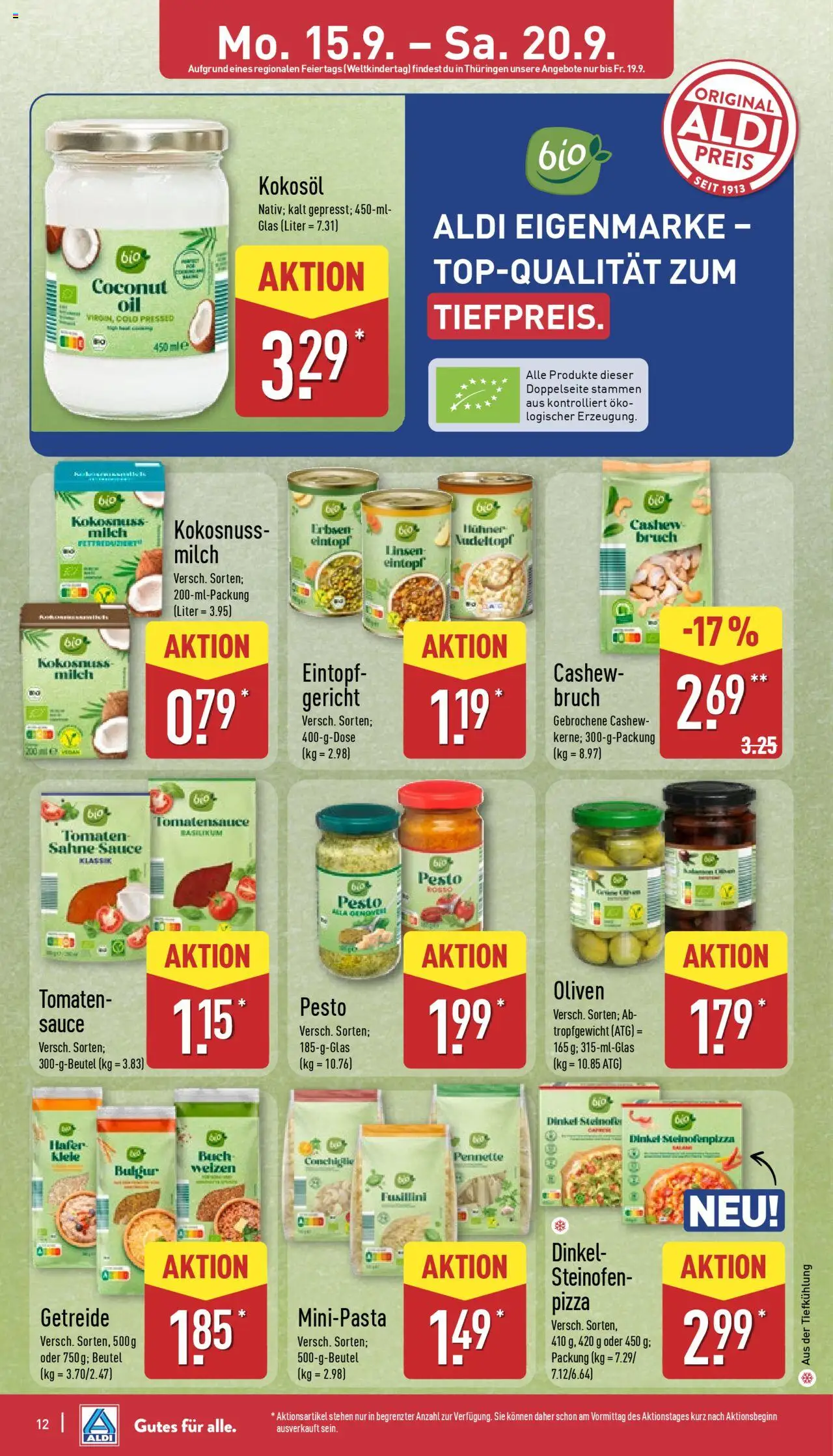 Aldi Prospekt 	 – gültig ab 15.09.2025 | Seite: 12 | Produkte: Pizza, Getreide, Sahne, Erbsen
