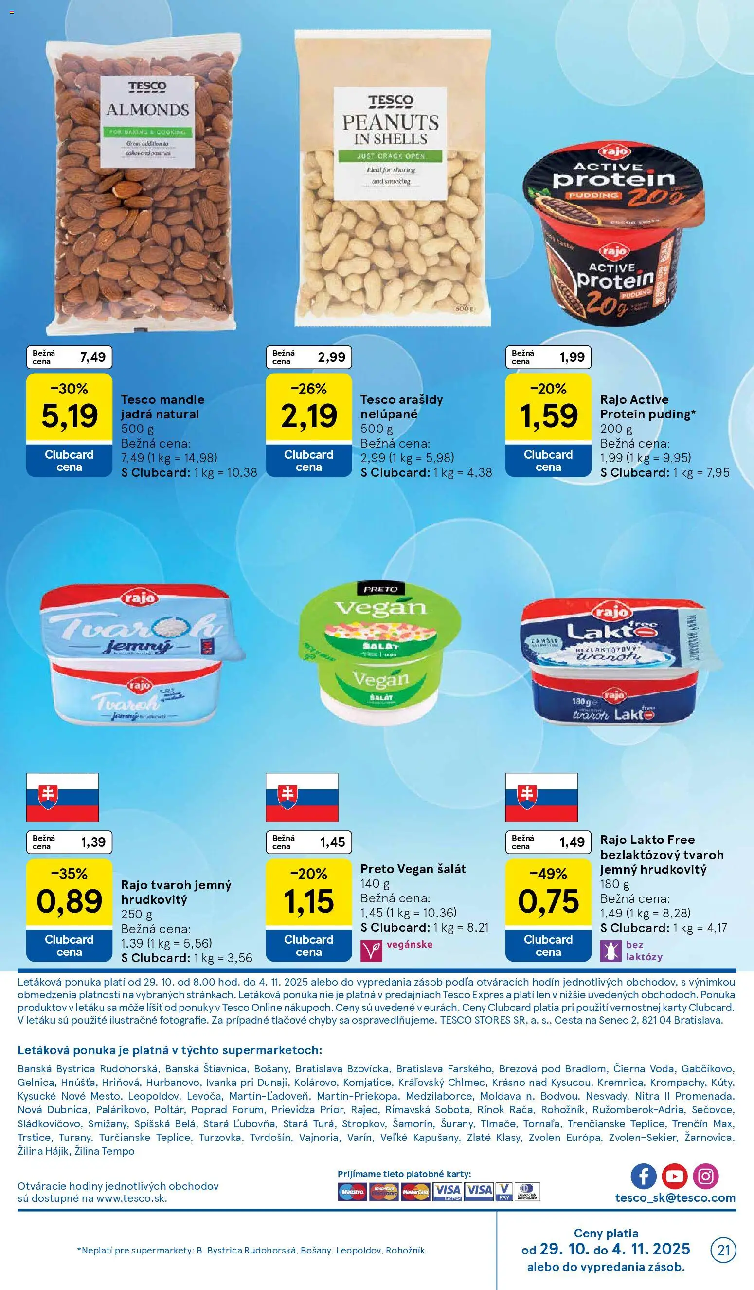 Nové Tesco akcie – leták je platný od 29.10.2025 | Strana: 21 | Produkty: Hodiny, Arašidy, Mandle