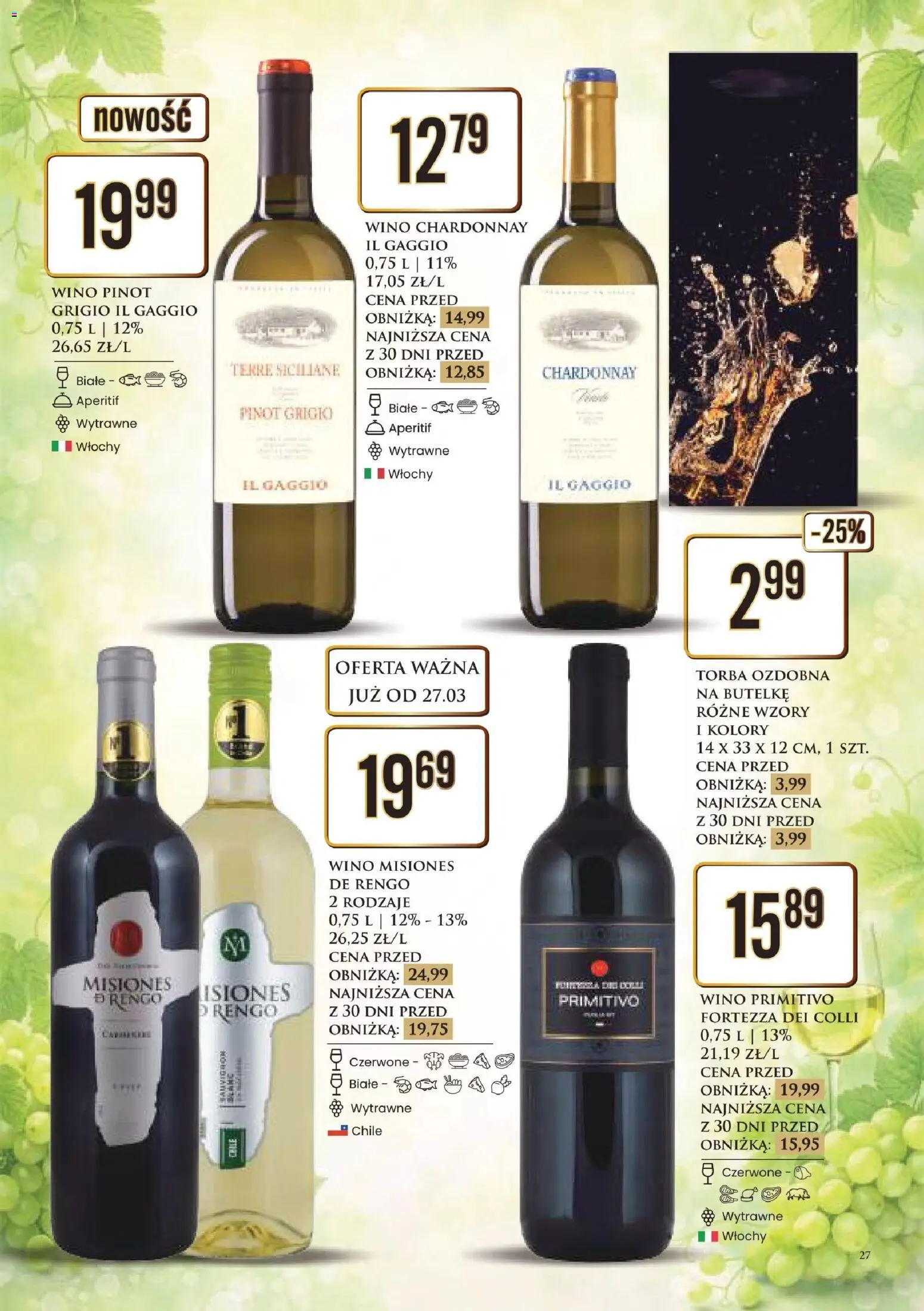 Dino gazetka alkoholowa od 27.03.2026 | Strona: 28 | Produkty: Torba, Chardonnay, Wino
