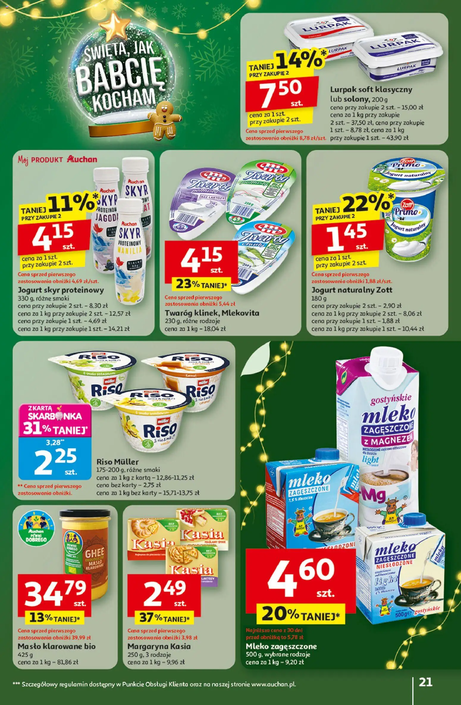 Auchan Gazetka - Święta jak babcię kocham Hipermarket od 11.12.2025 | Strona: 21 | Produkty: Margaryna kasia, Masło klarowane, Bez laktozy, Skyr