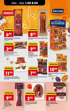 Pogląd oferty "Kabanosy chorizo wieprzowe Tarczyński, 80 g, Kabanosy chorizo pork Tarczyński, 80 g" - ważna od 01.04.2026 | Strona: 46 | Produkty: Kiełbasa, Myśliwska, Kabanosy, Szynka