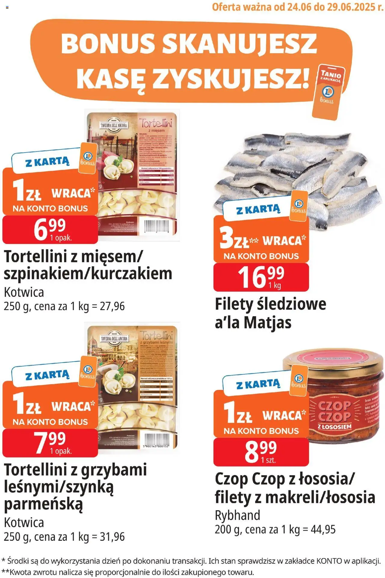 E.Leclerc Gazetka - Tychy kupony dodatkowe od 24.06.2025 | Strona: 1 | Produkty: Karta, Tortellini, Filety śledziowe a'la matjas, Tortellini z grzybami