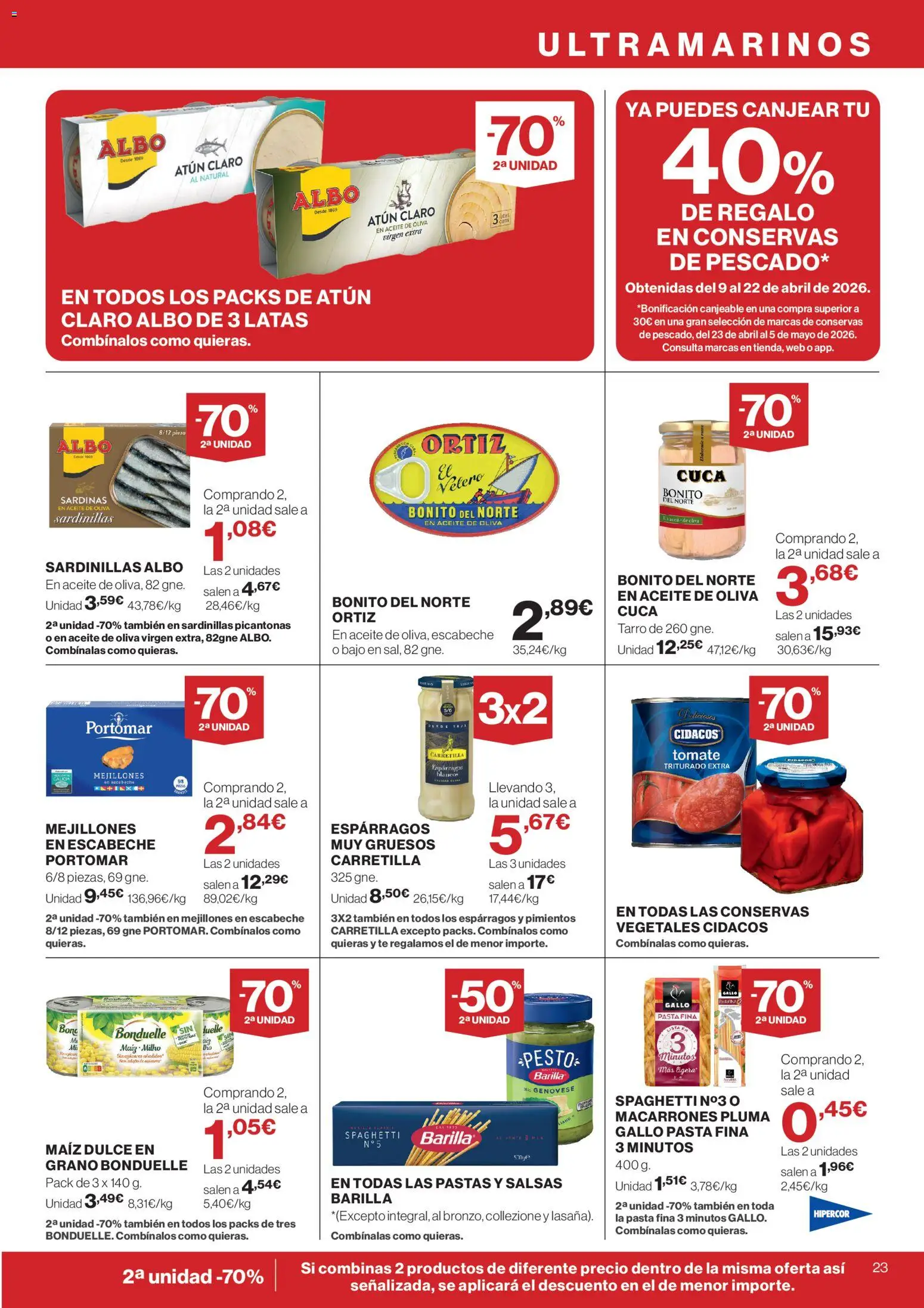 Hipercor catálogo │ válido desde el 23.04.2026 | Página: 23 | Productos: Sardinillas, Νερό καρύδας, Pasta, Té