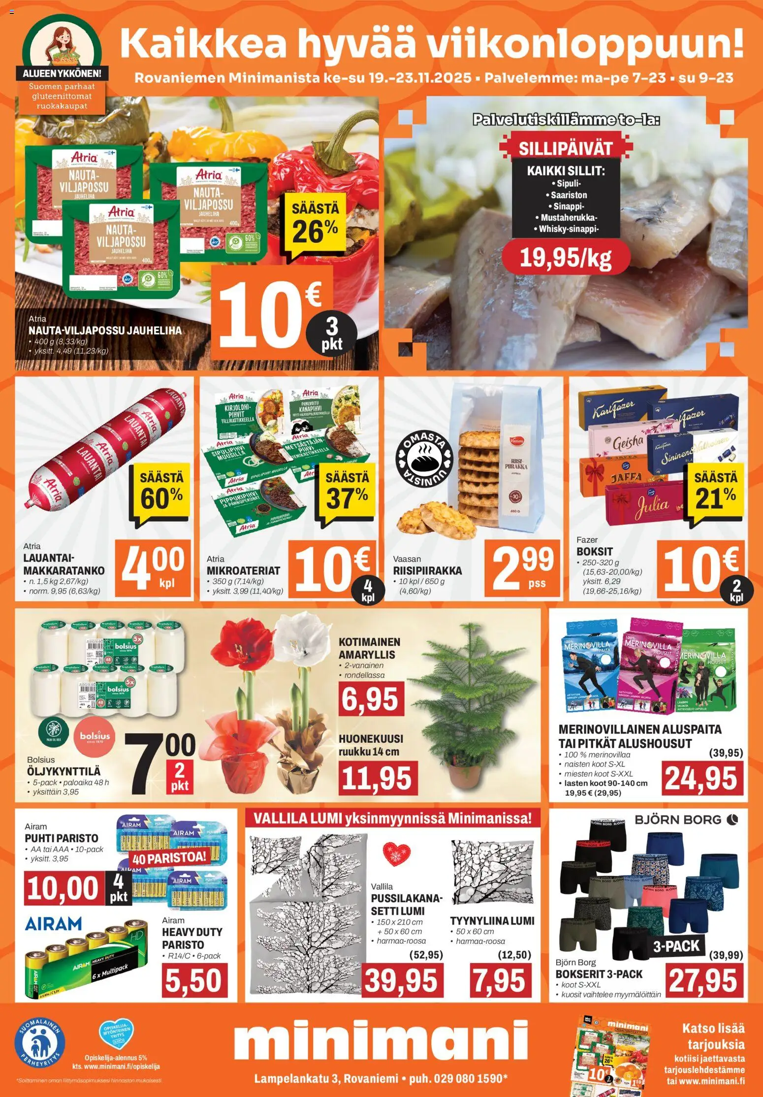 Minimani Tarjoukset - Rovaniemi – voimassa 19.11.2025 alkaen | Sivu: 1 | Tuotteet: Kirjolohi, Housut, Alushousut, Pihvi