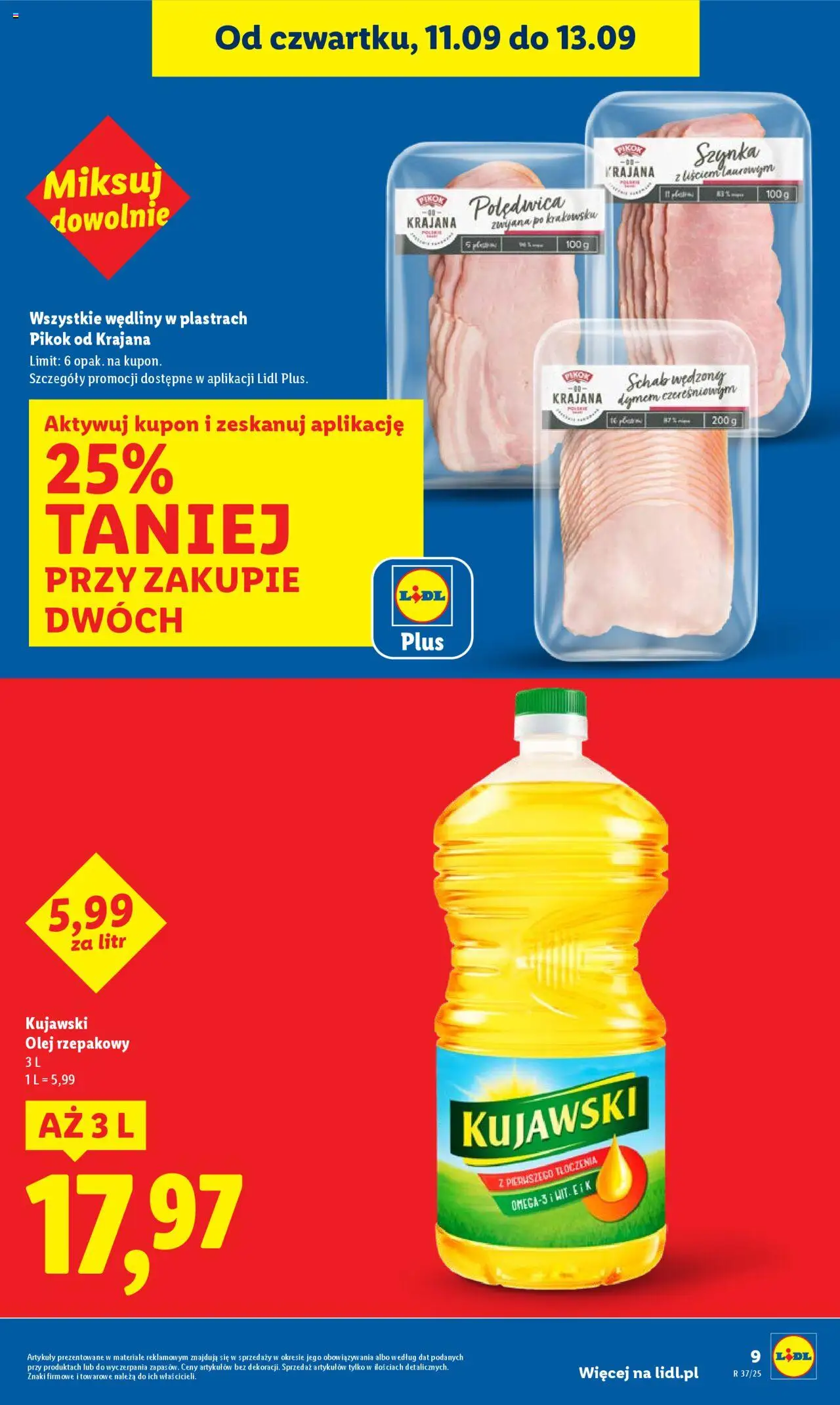 Lidl Gazetka od 11.09.2025 | Strona: 9 | Produkty: Olej rzepakowy, Schab, Szynka, Wędliny