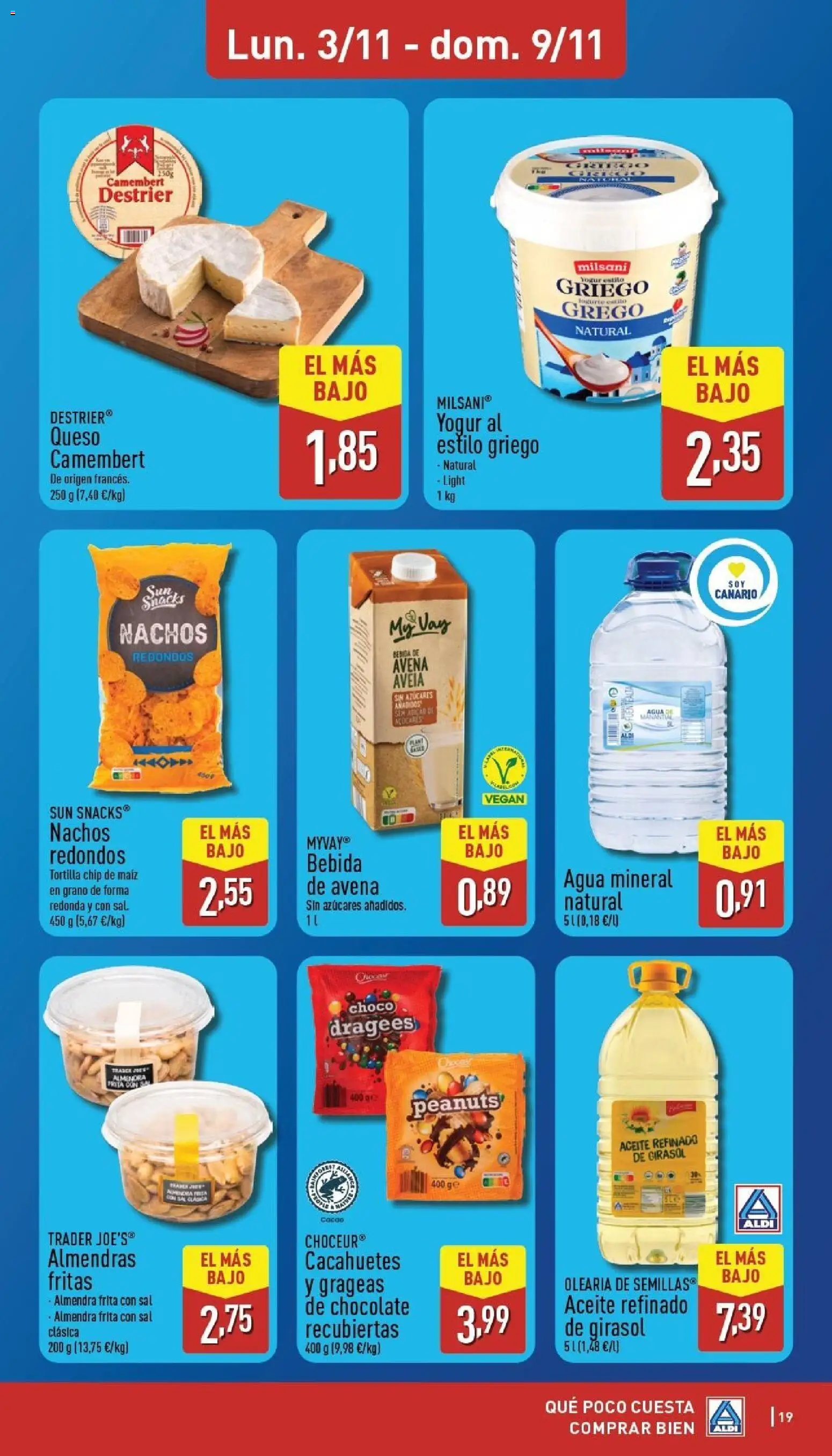 Aldi folleto Canarias │ válido desde el 03.11.2025 | Página: 19 | Productos: Μπάρα σαπουνιού, Yogur, Chocolate, Agua mineral